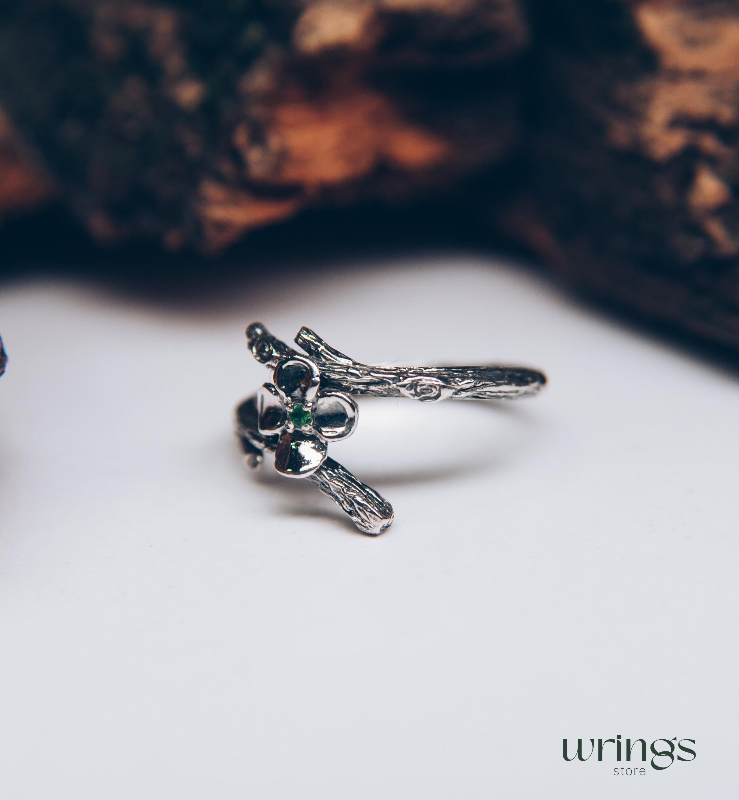 Dainty Quatrefoil flower Ring with Emerald and tiny Branch