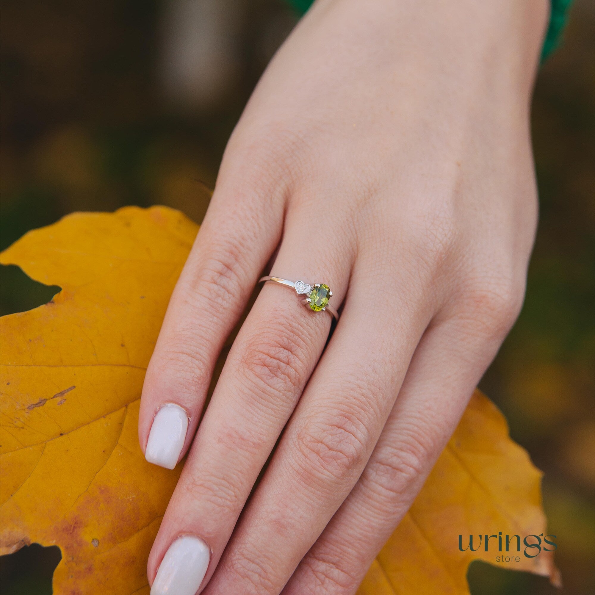 Peridot & CZ Heart Silver Engagement Ring