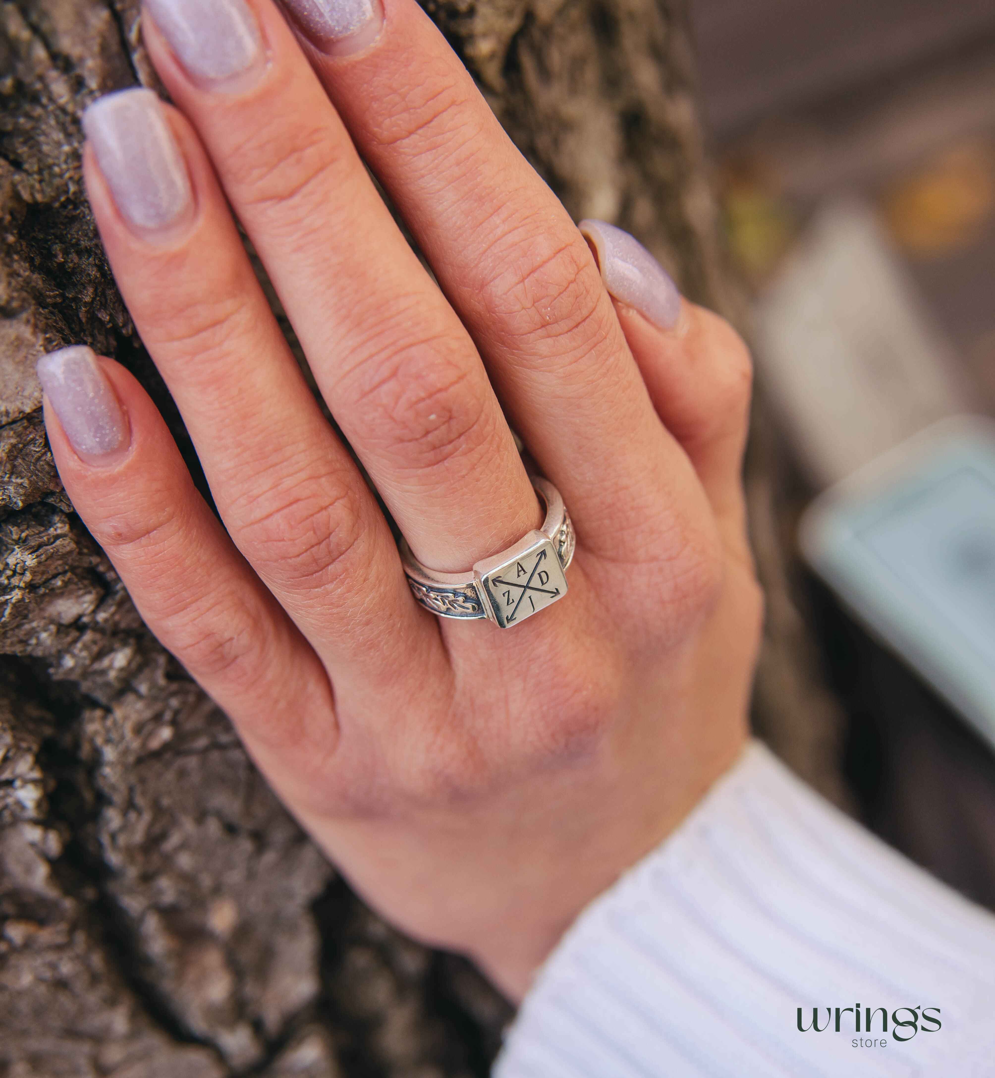 Initials & Pointers Custom Signet Ring with Side Oak Leaves