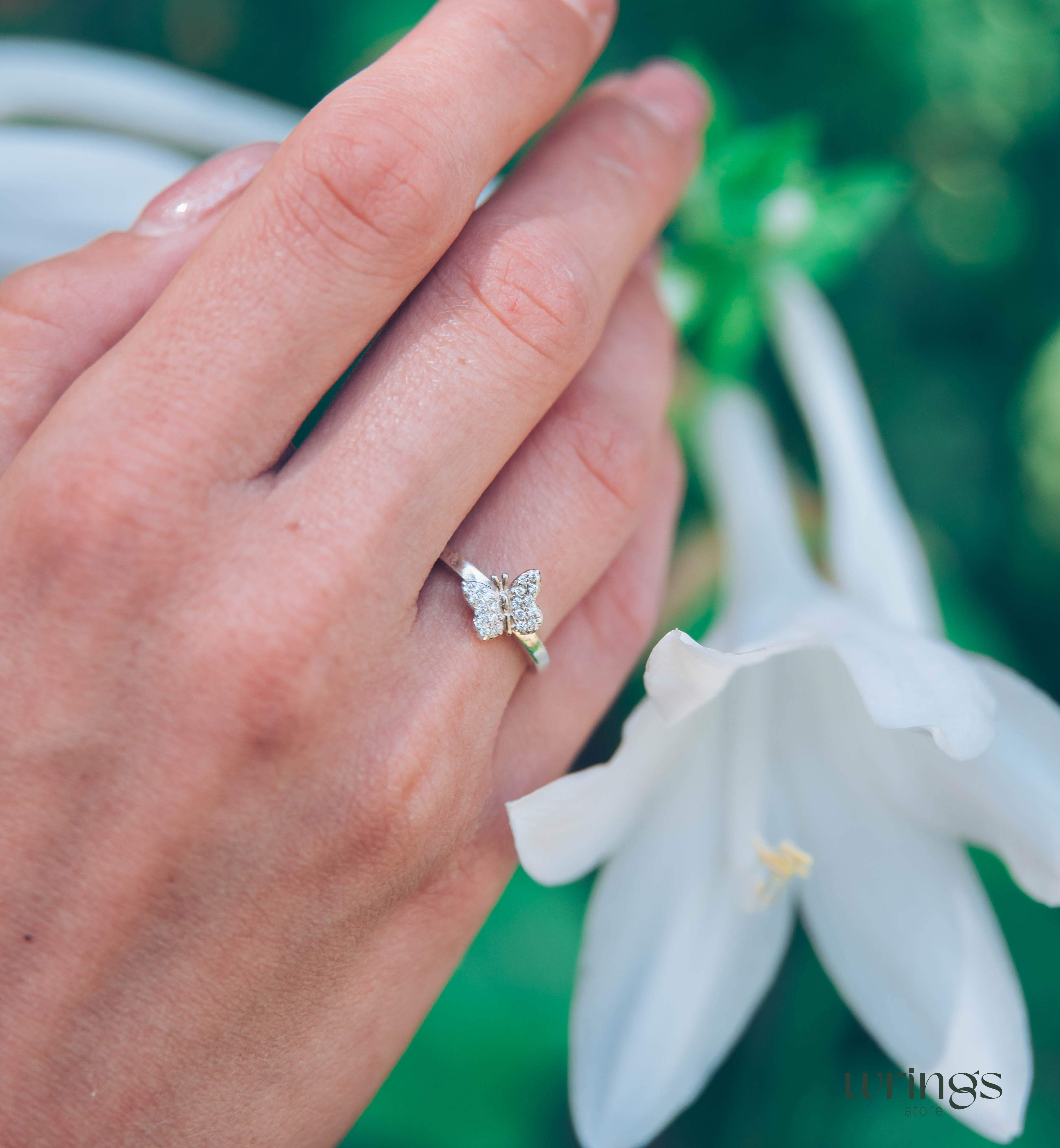 Women's Butterfly Promise Ring Silver with Cubic Zirconia