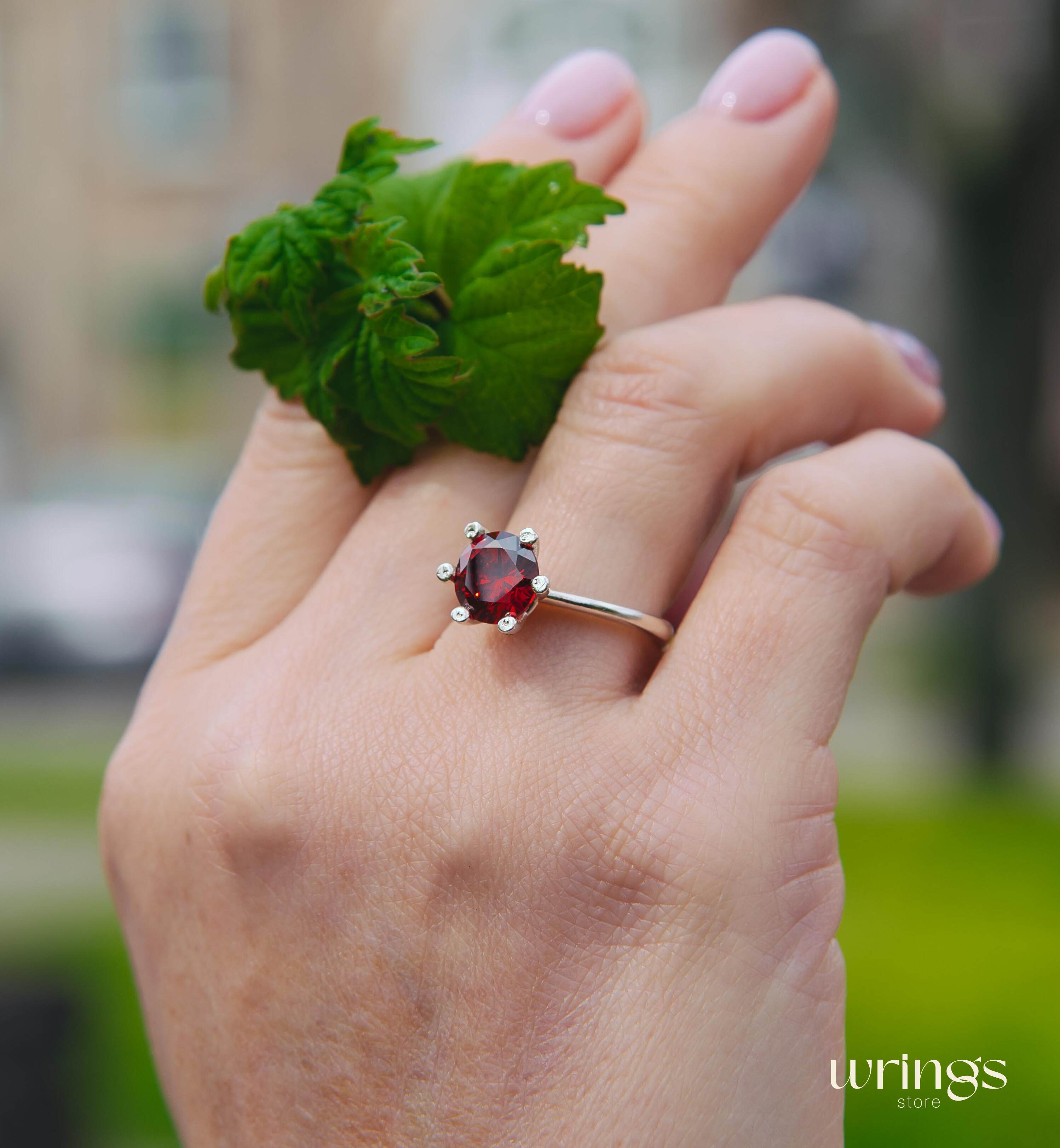 Large Red Round Garnet Solitaire Engagement Ring Silver