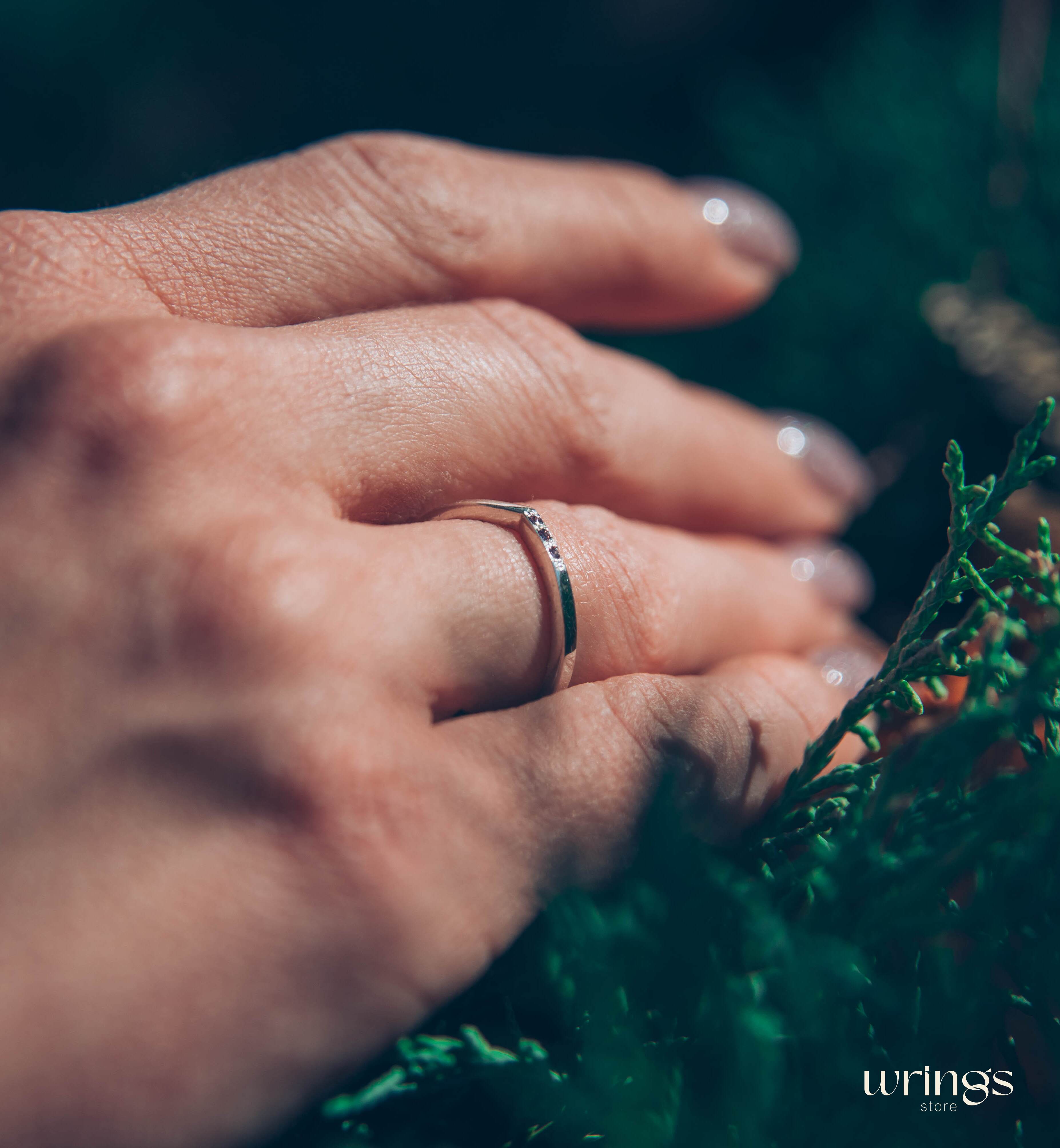 Silver Curved Chevron Wedding Band with 3 Amethysts