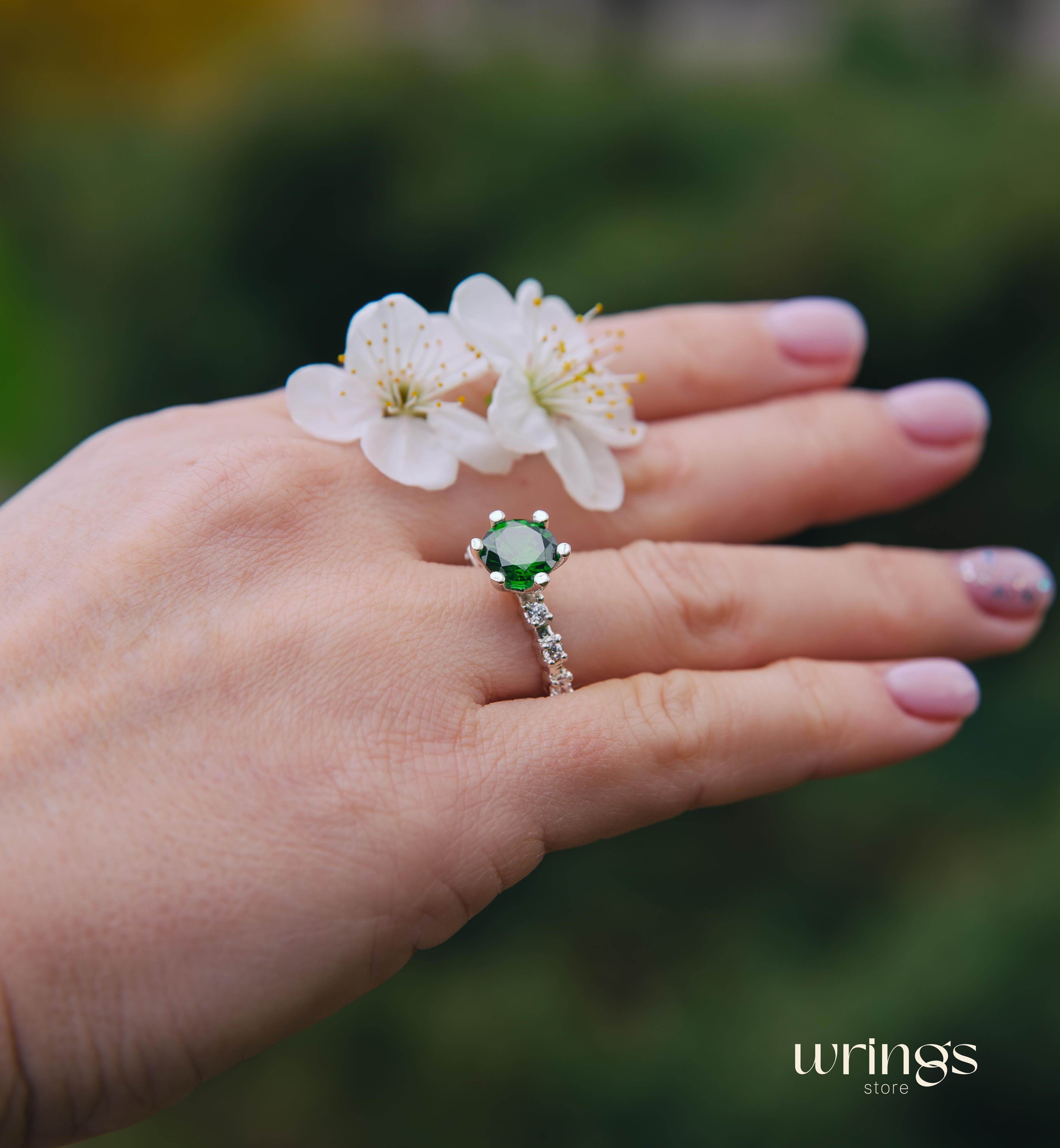 Large Green Stone & CZ Unique Silver Engagement Ring