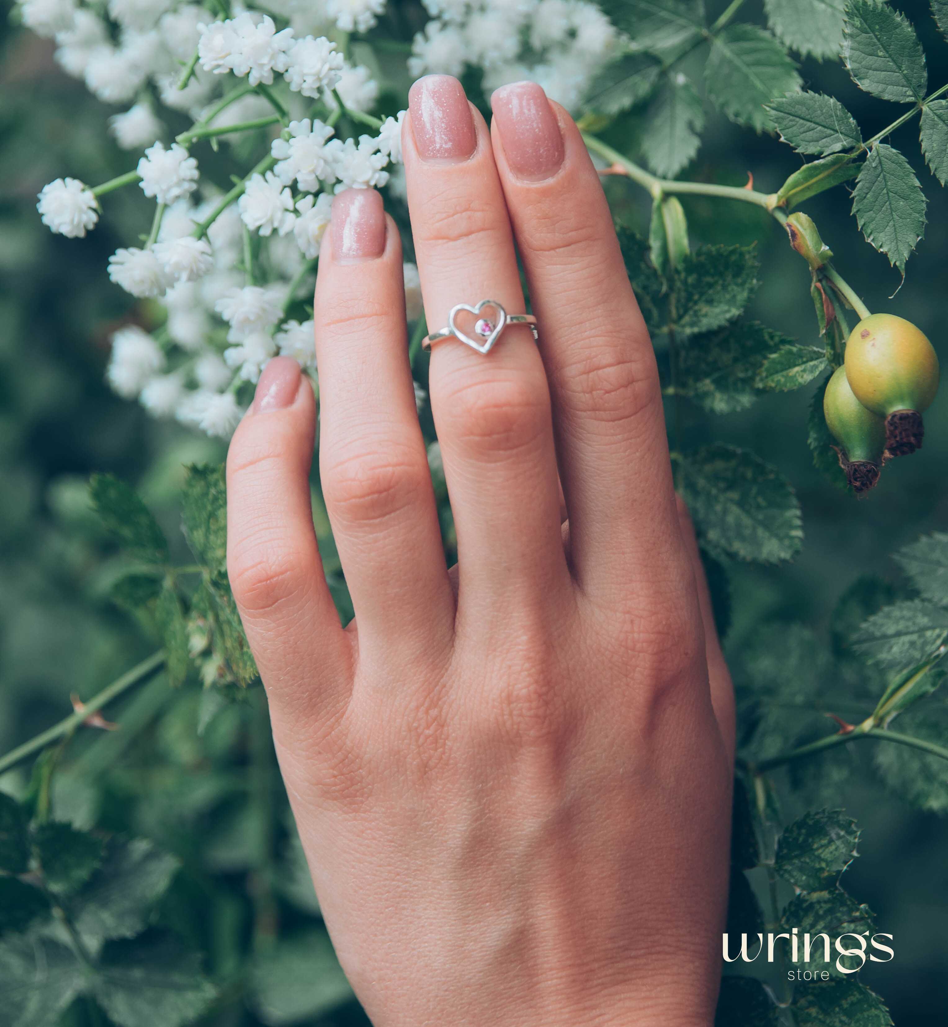 Silver Open Heart with Ruby Promise Ring for Her