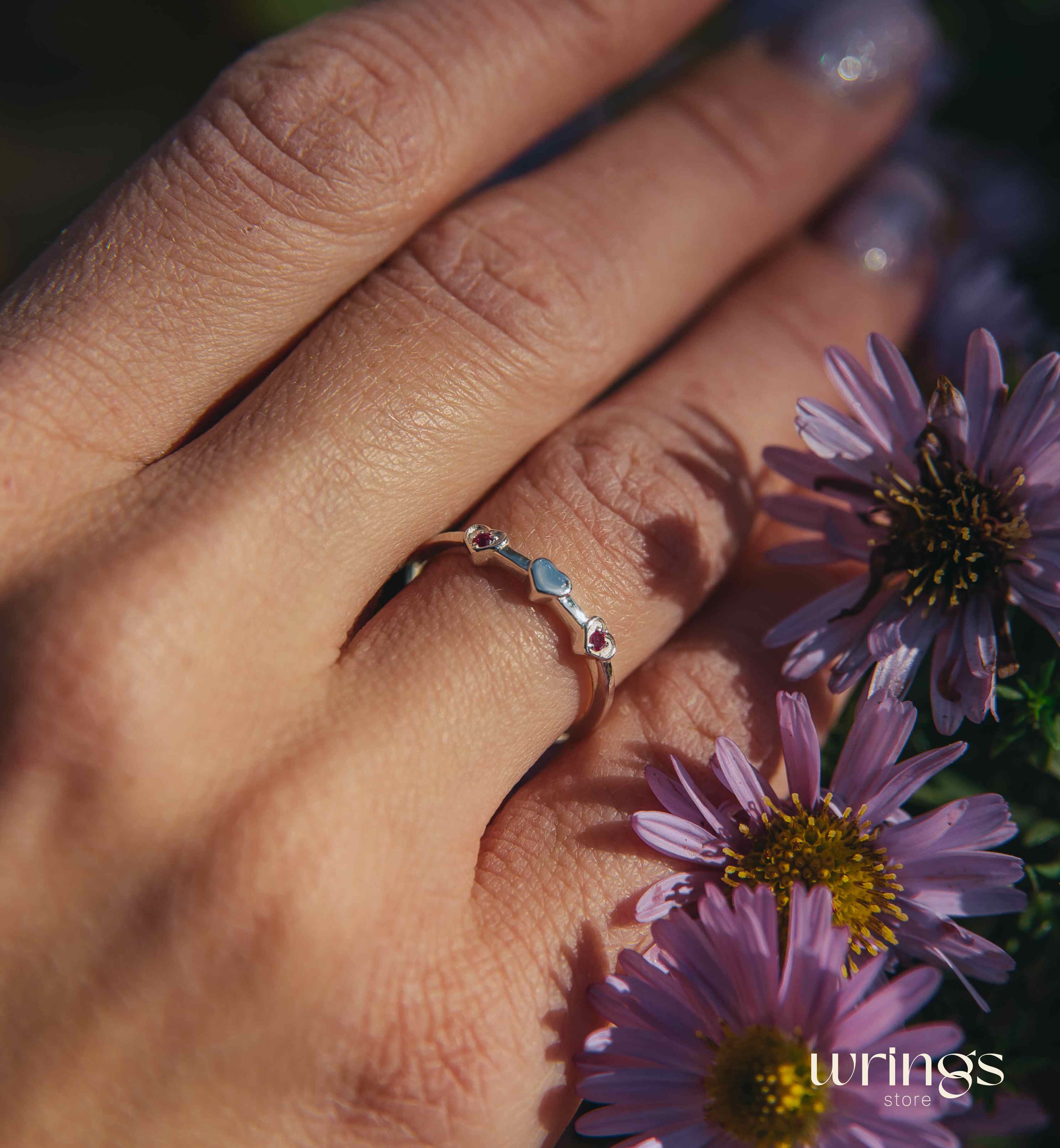 2 Real Rubies and 3 Hearts Unique Silver Promise Ring