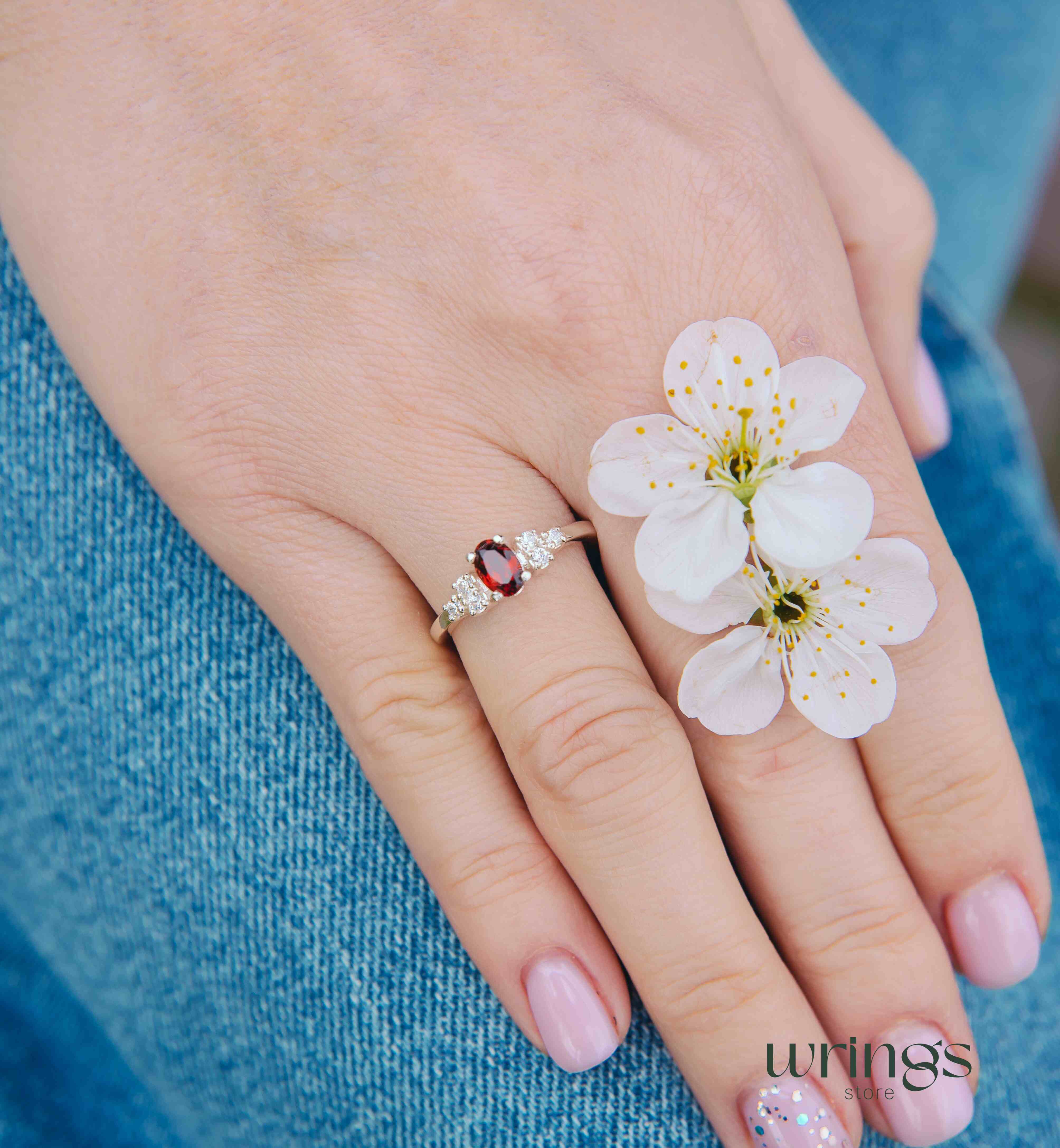 Oval cut Garnet Center Multi Stone Cluster Ring Silver