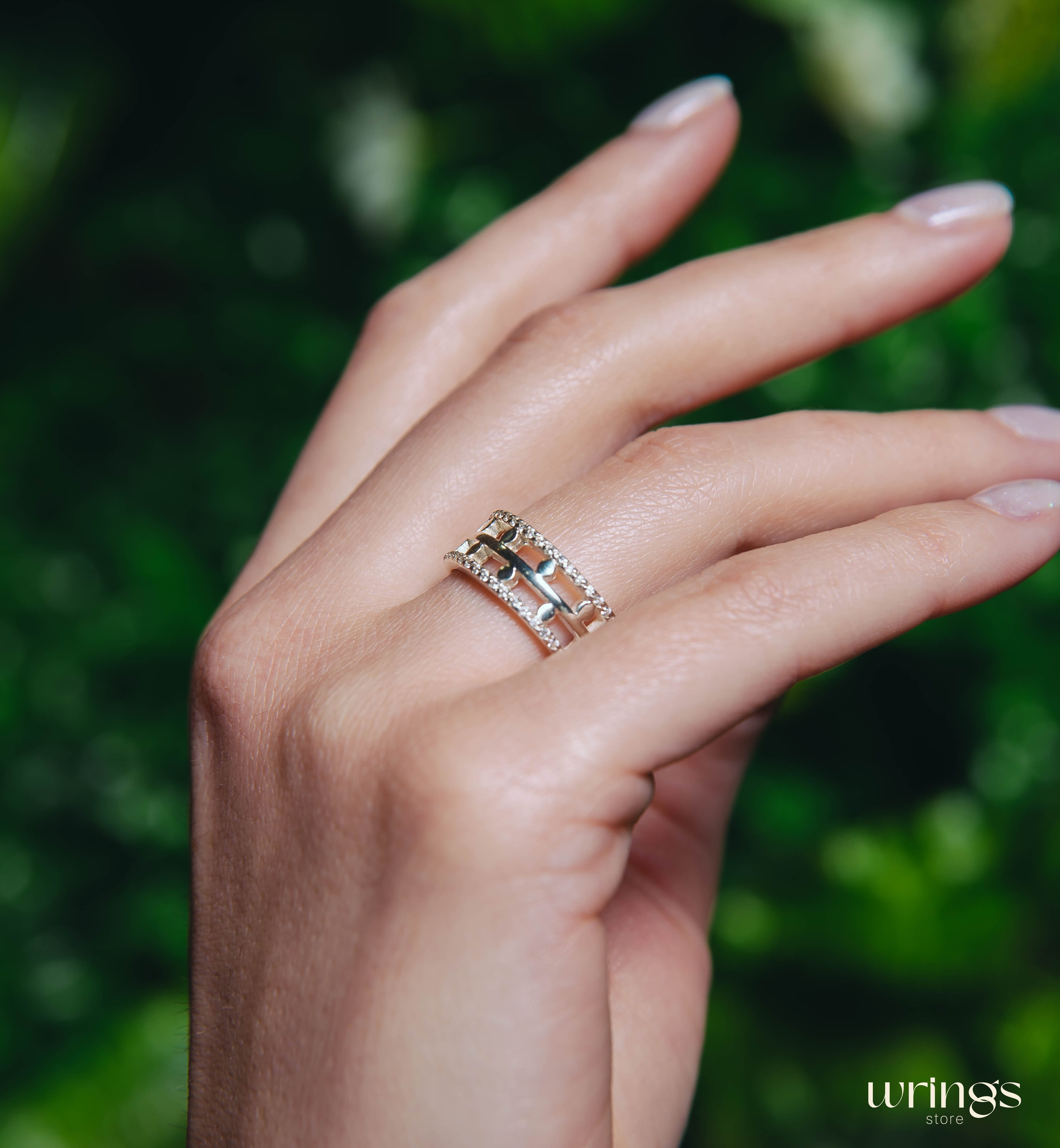 Diamonds and Dots Modern Wedding Band Sterling Silver