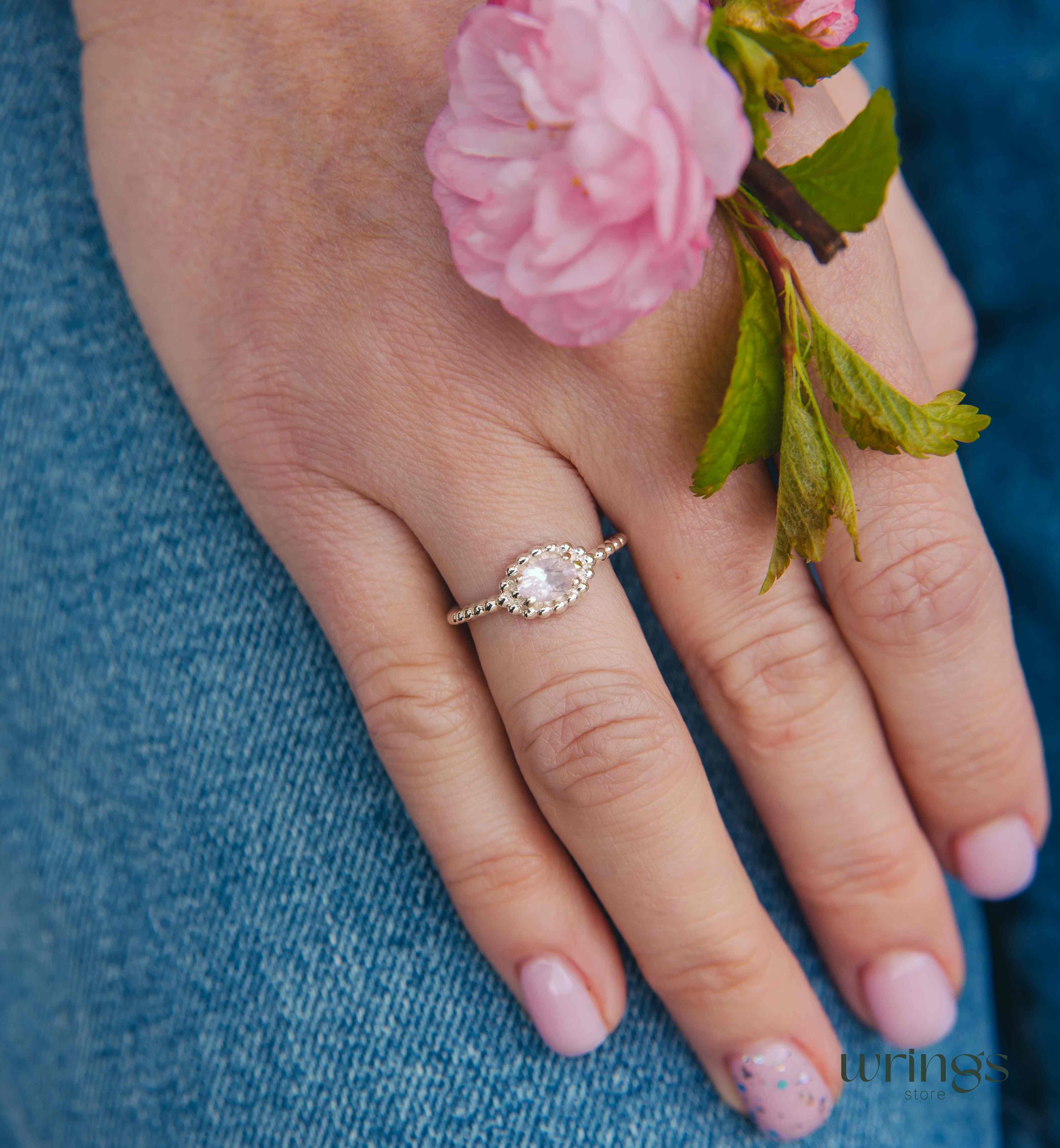 Large Peach Quartz Gemstone Statement Silver Bead Ring