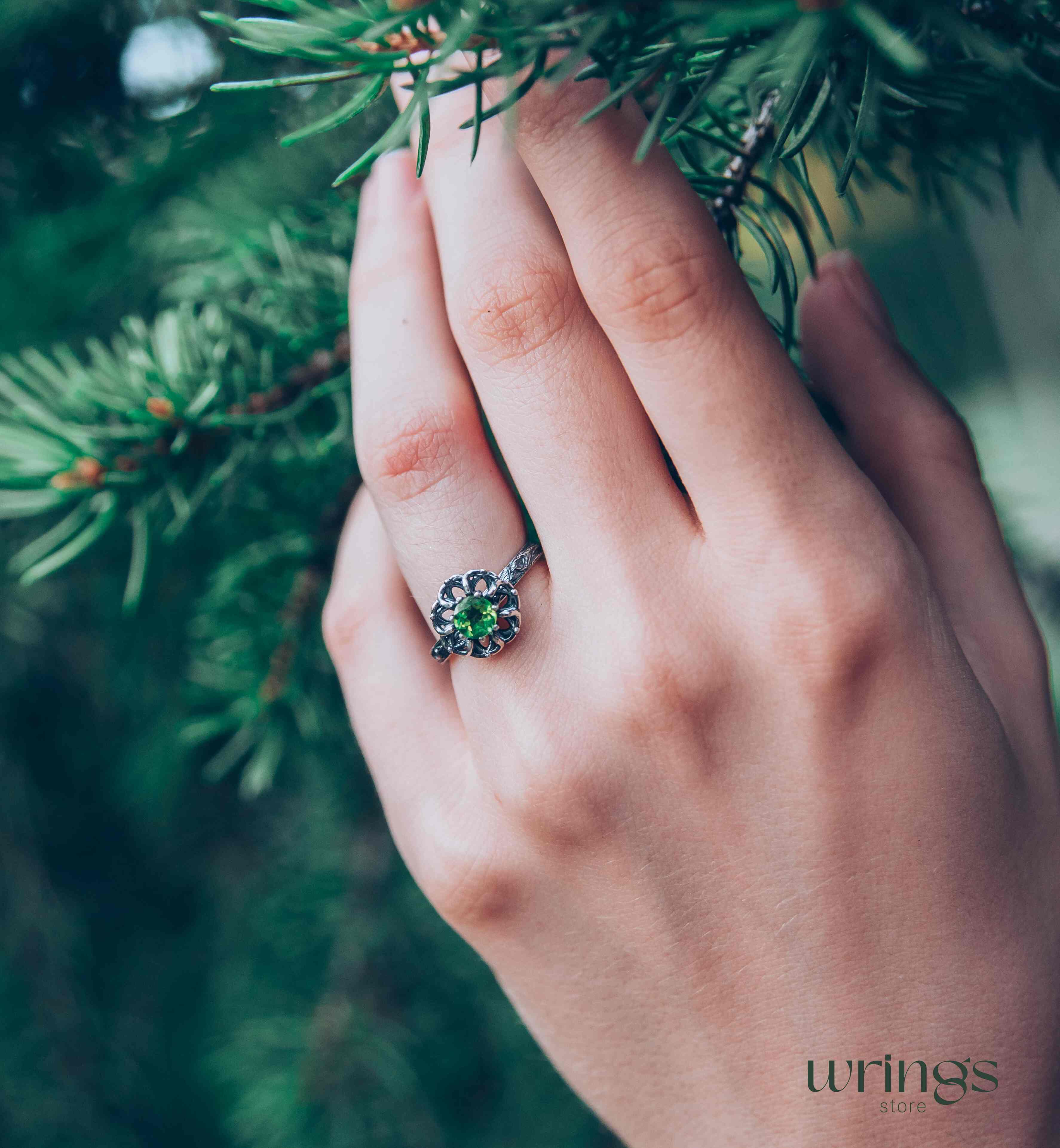 Silver Branch and Peridot Flower Engagement Ring for Women