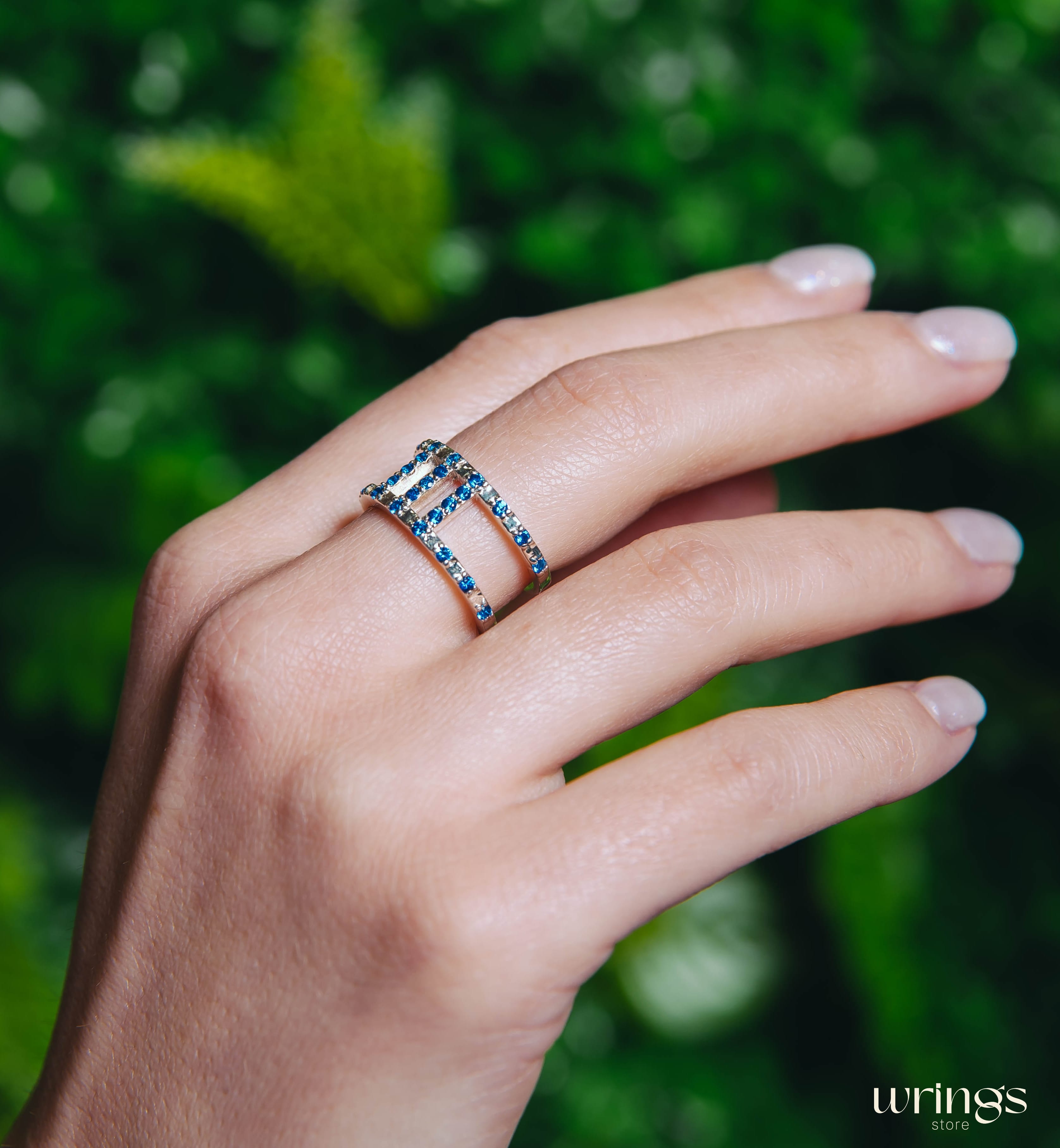 Double Band Wedding Ring Blue Sapphires Multi Stone