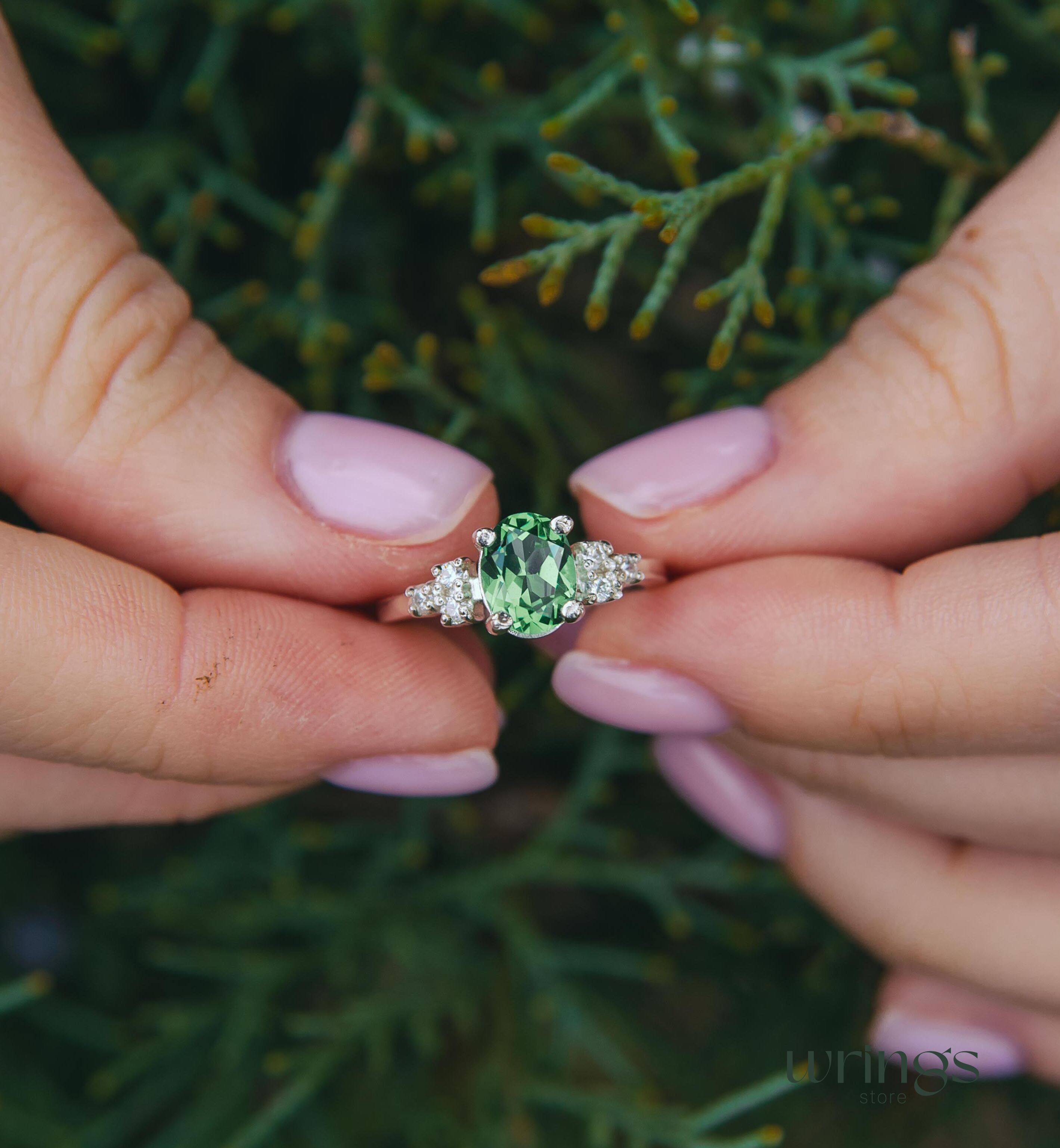 Large Oval Green Quartz Silver Cluster Engagement Ring