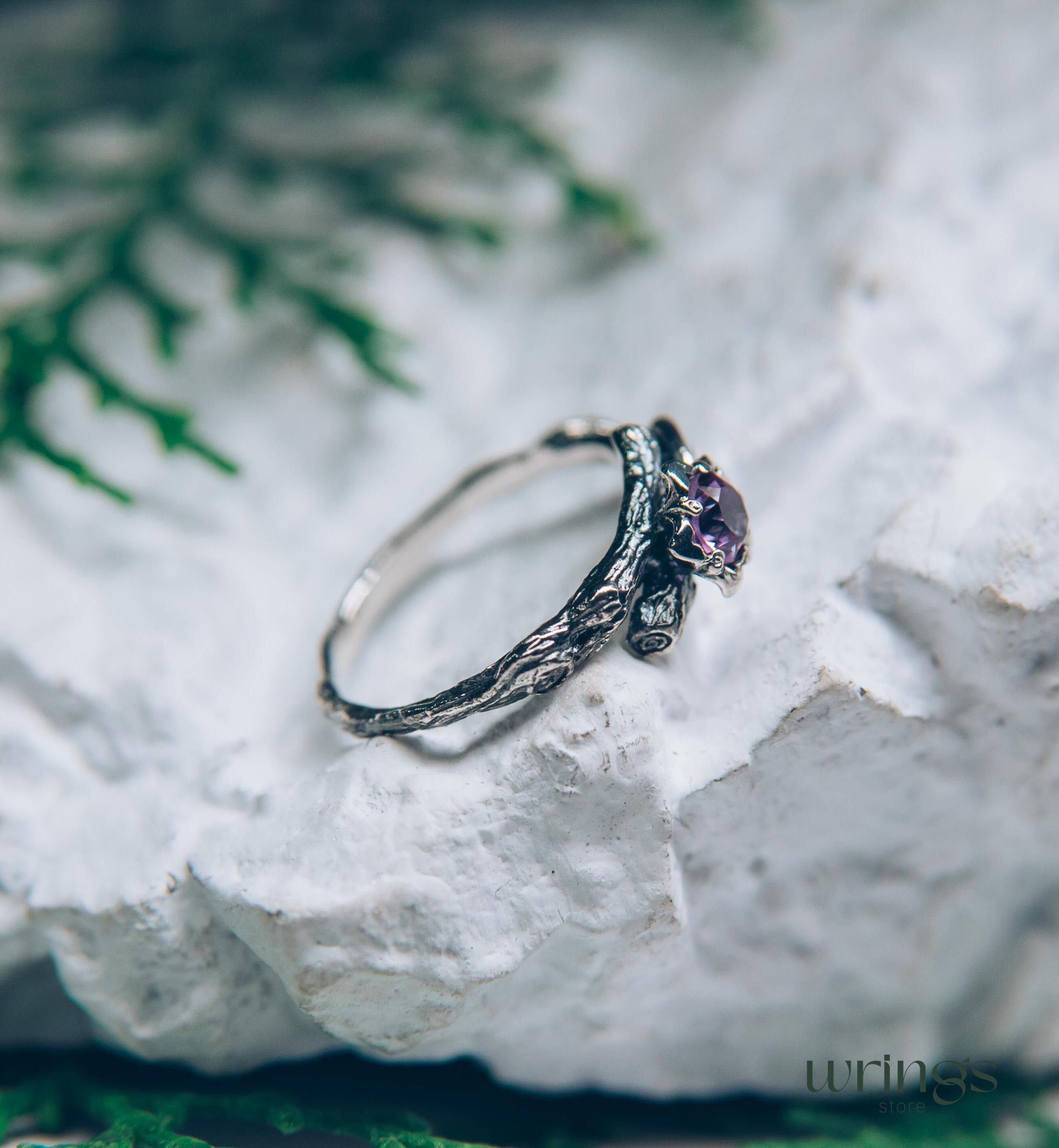 Lilac Amethyst Flower on a Silver dainty Twig Ring for Her