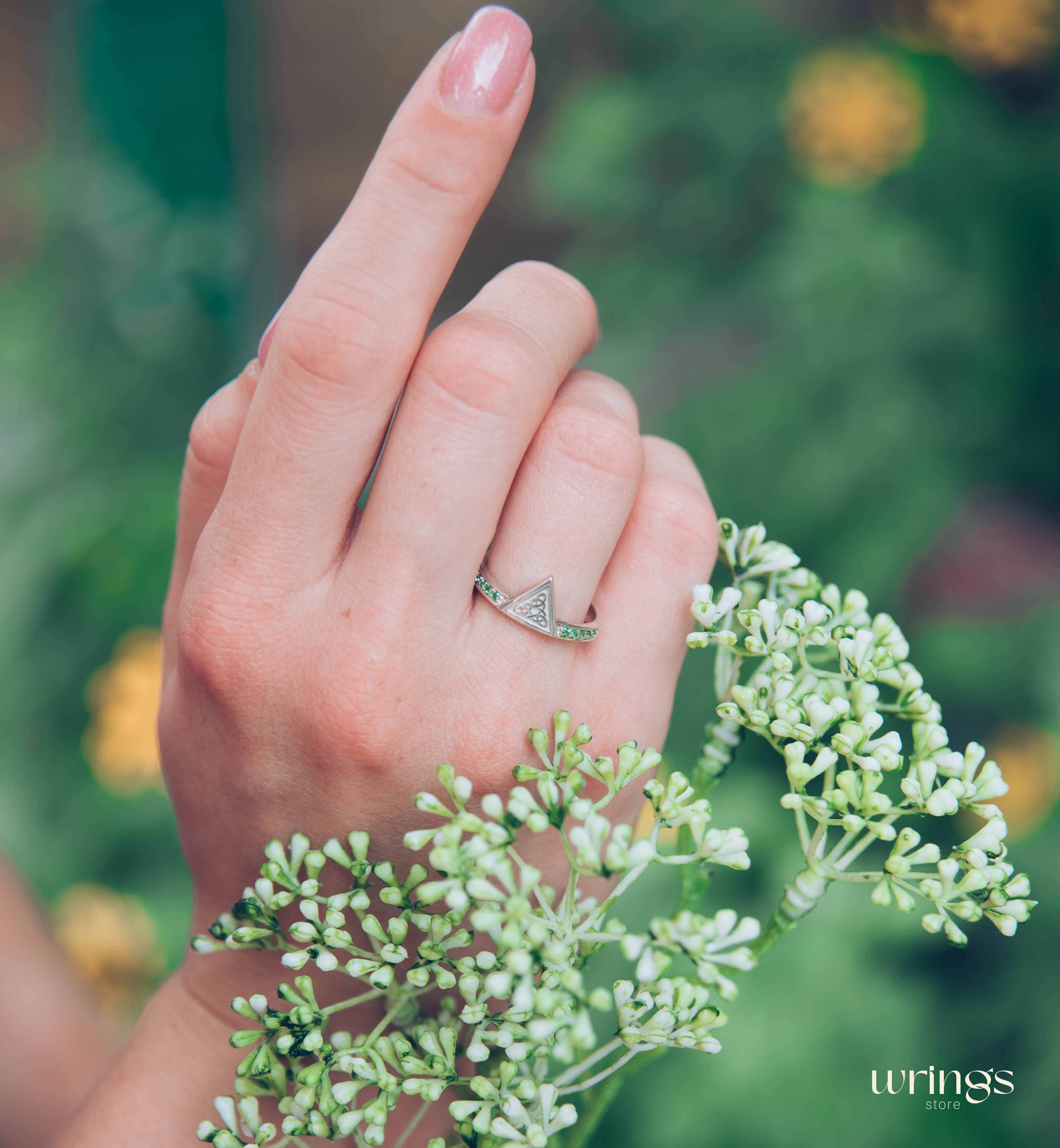 Engraved Celtic Trinity Triangle Ring with Side Emeralds