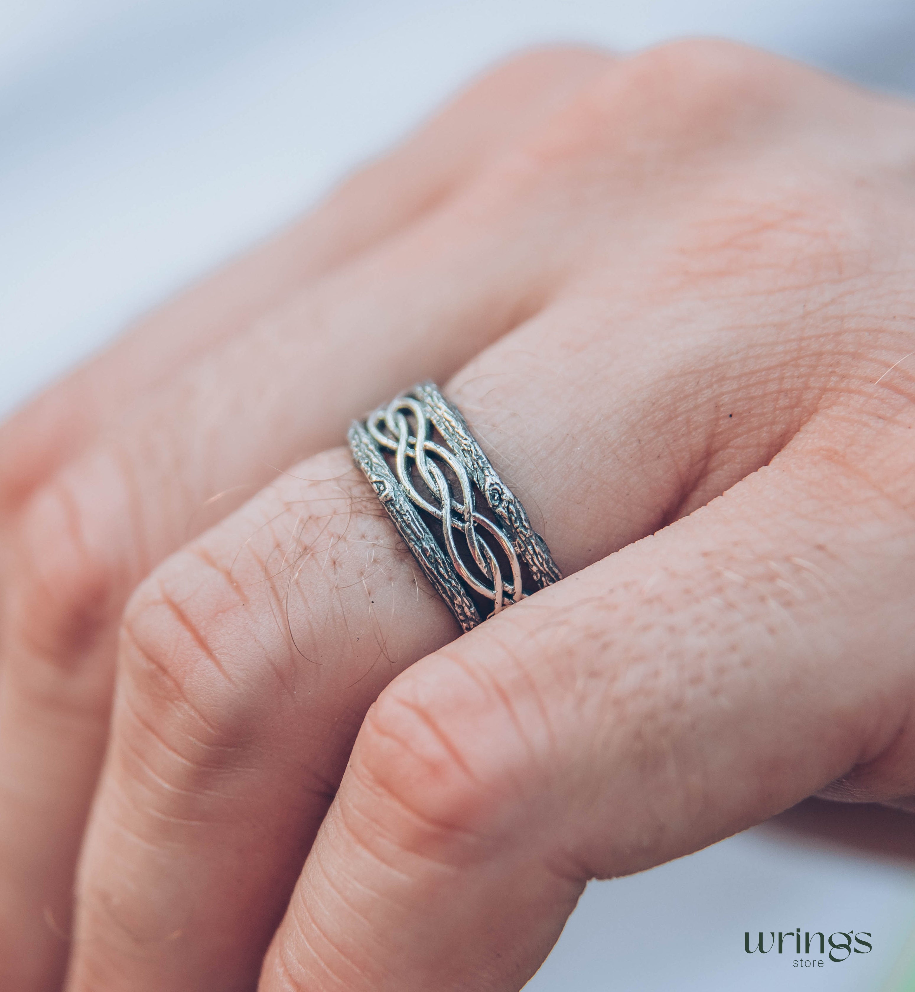Silver Tree bark and Wavy lines Braided Wedding Band