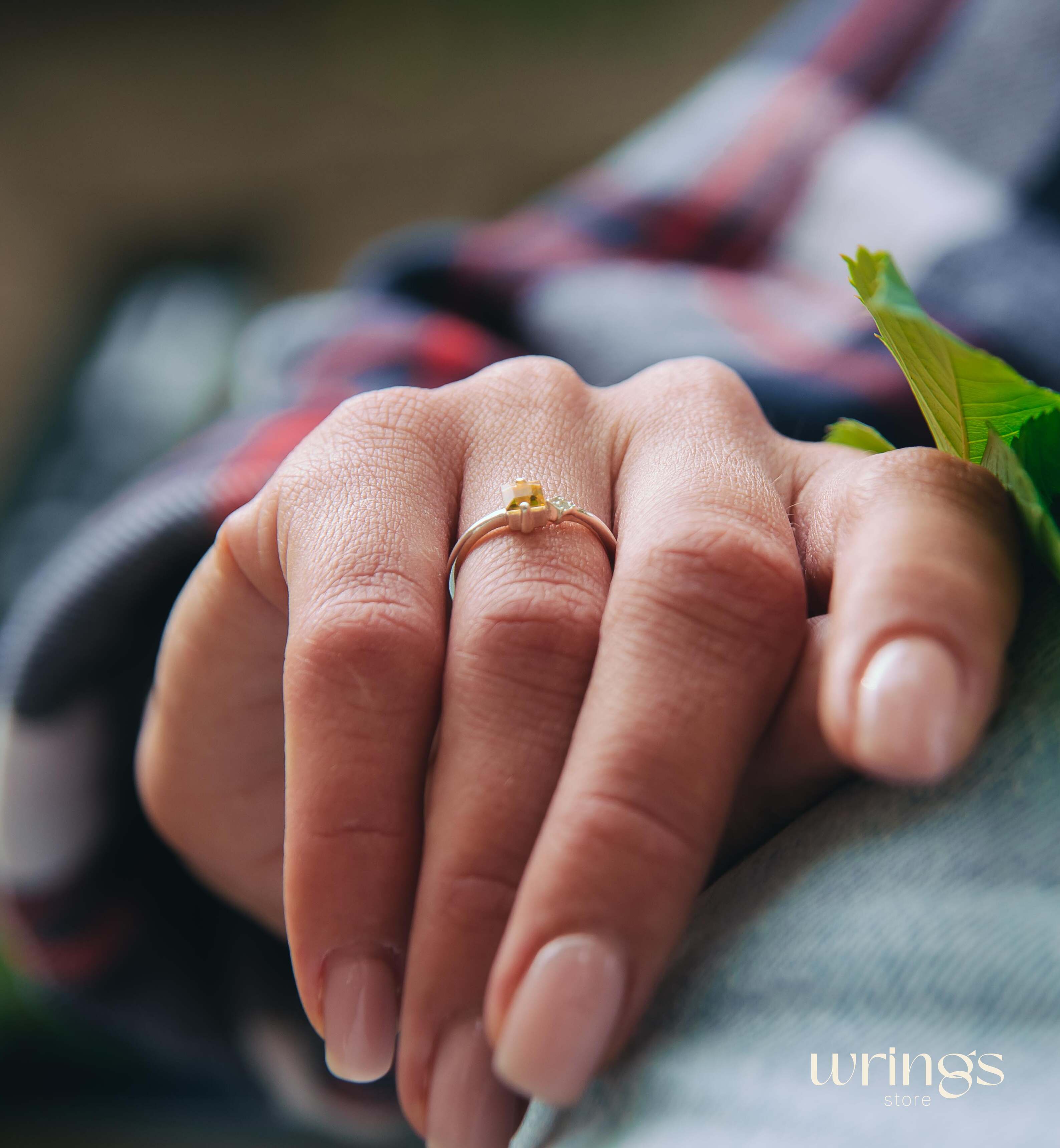 Square Citrine Silver Ring & Side White Stone