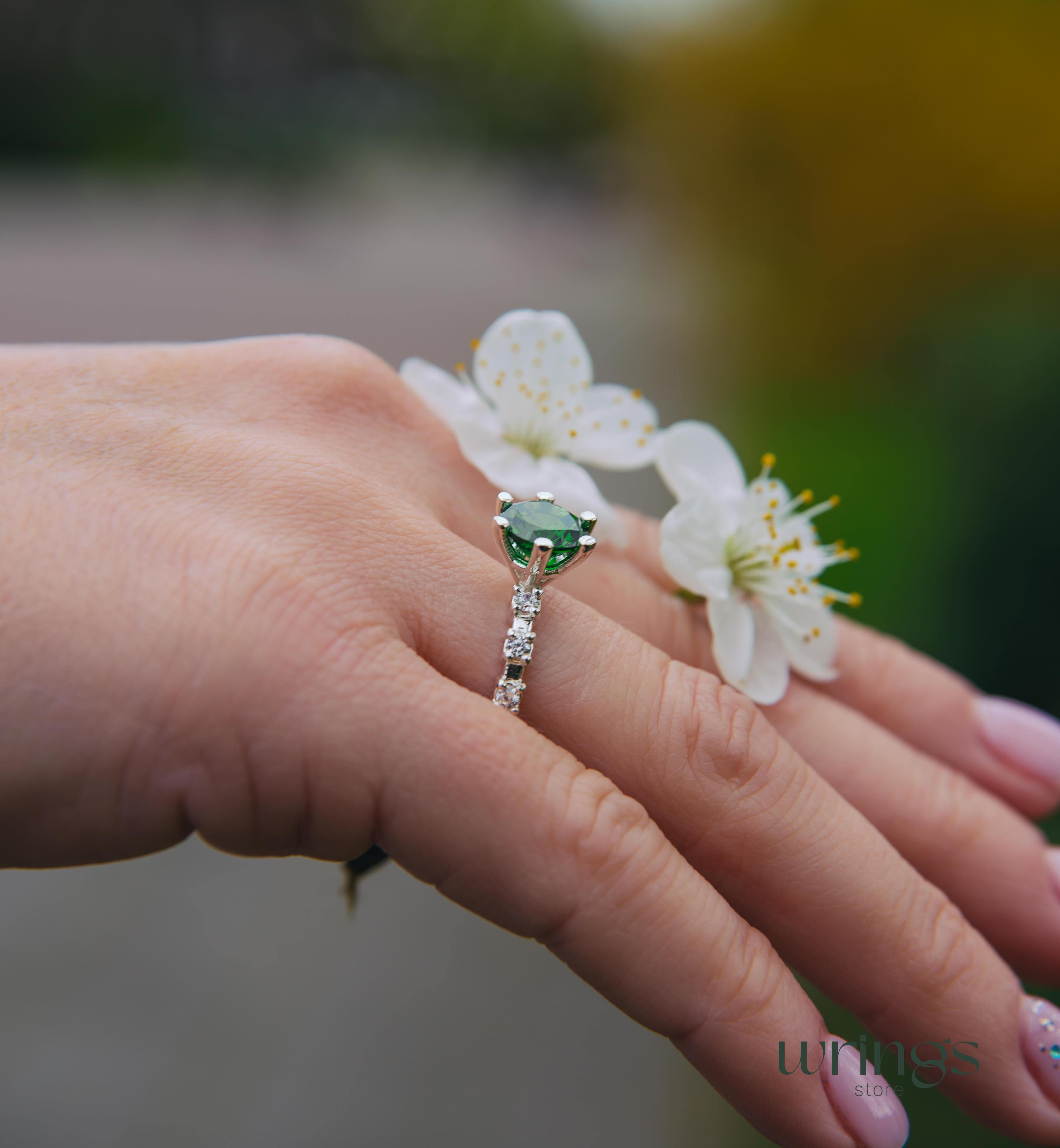 Large Green Stone & CZ Unique Silver Engagement Ring