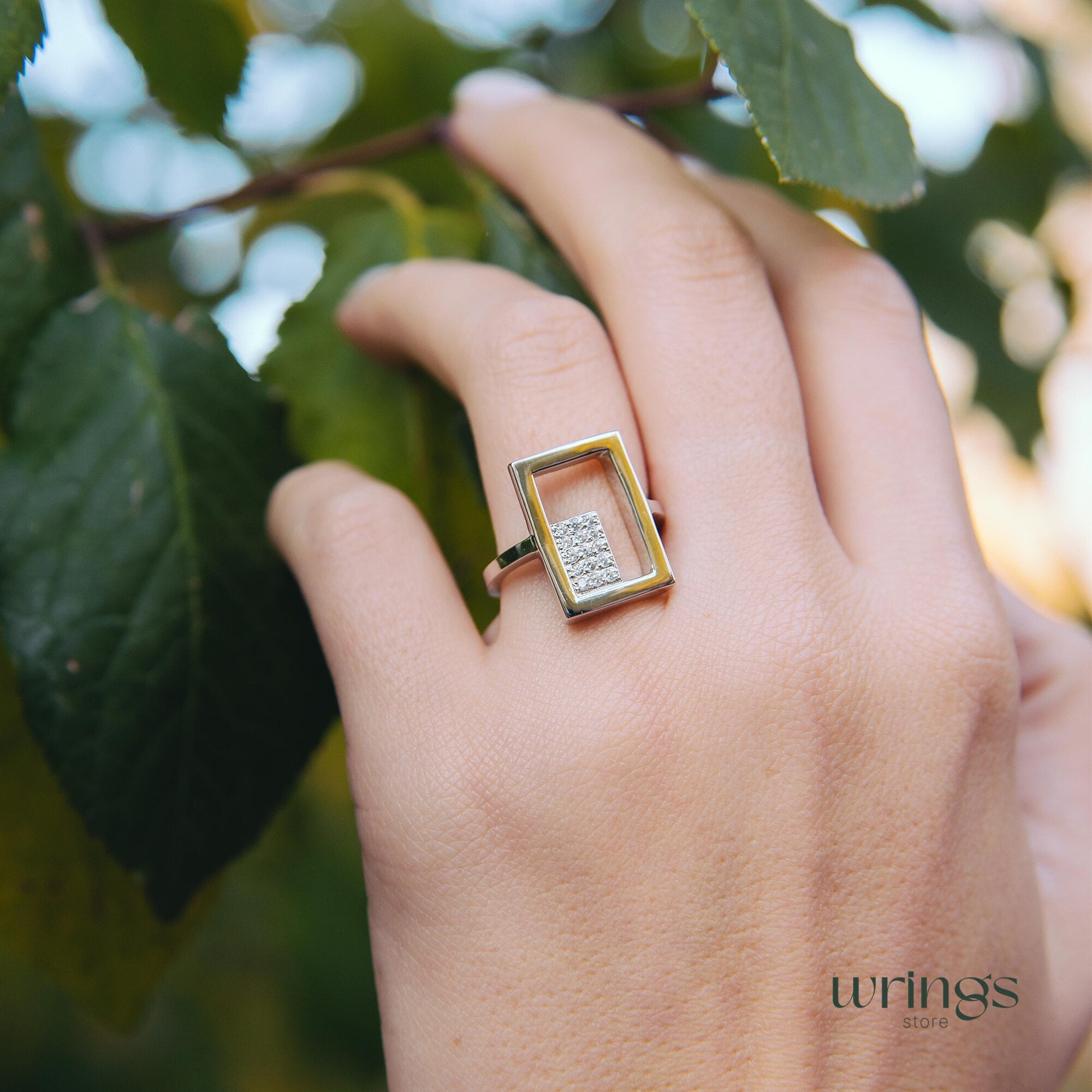 Silver Rectangle Cocktail Ring with Cubic Zirconia