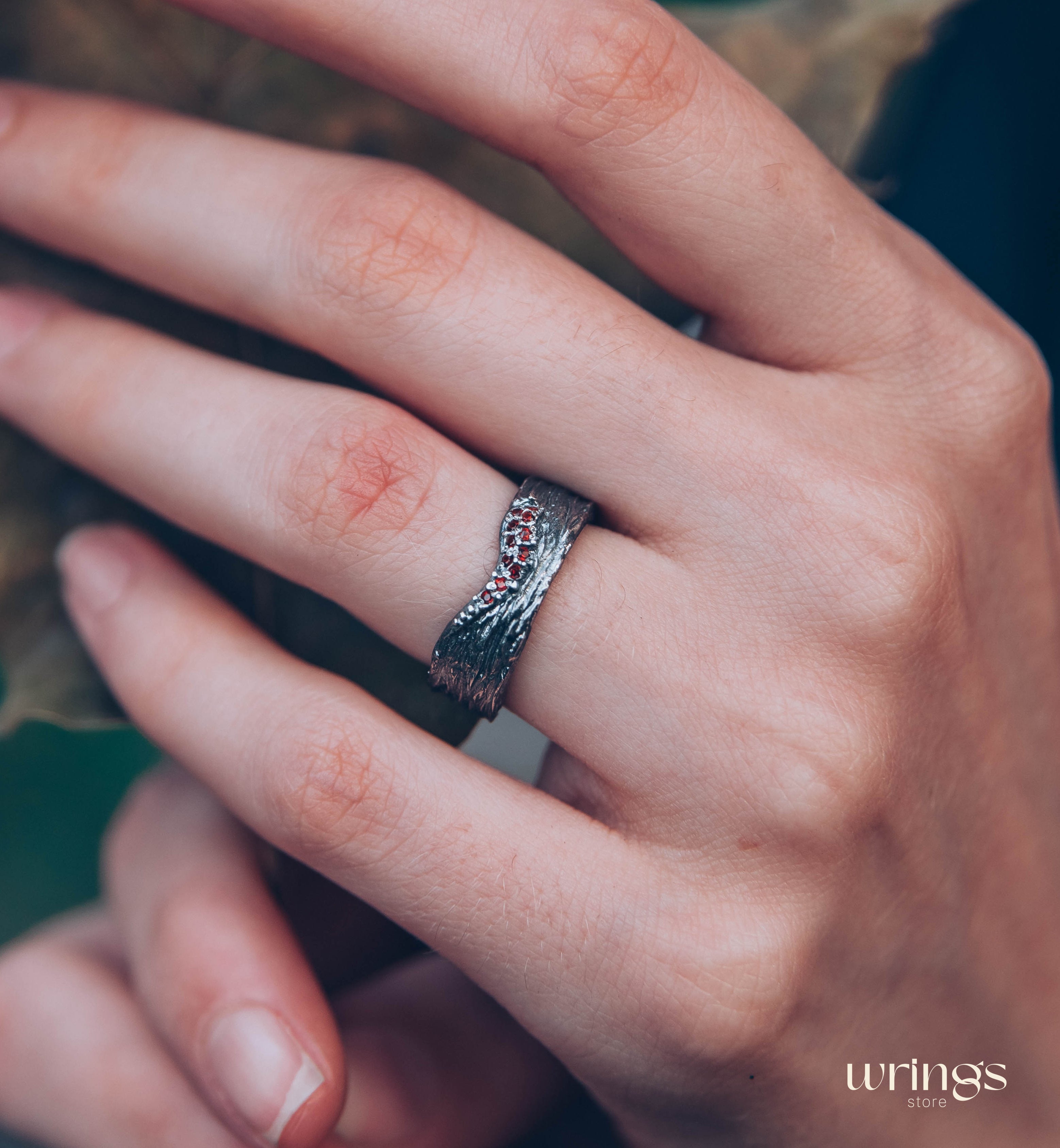 Silver Tree bark Curved Wide Wedding Band with Garnets