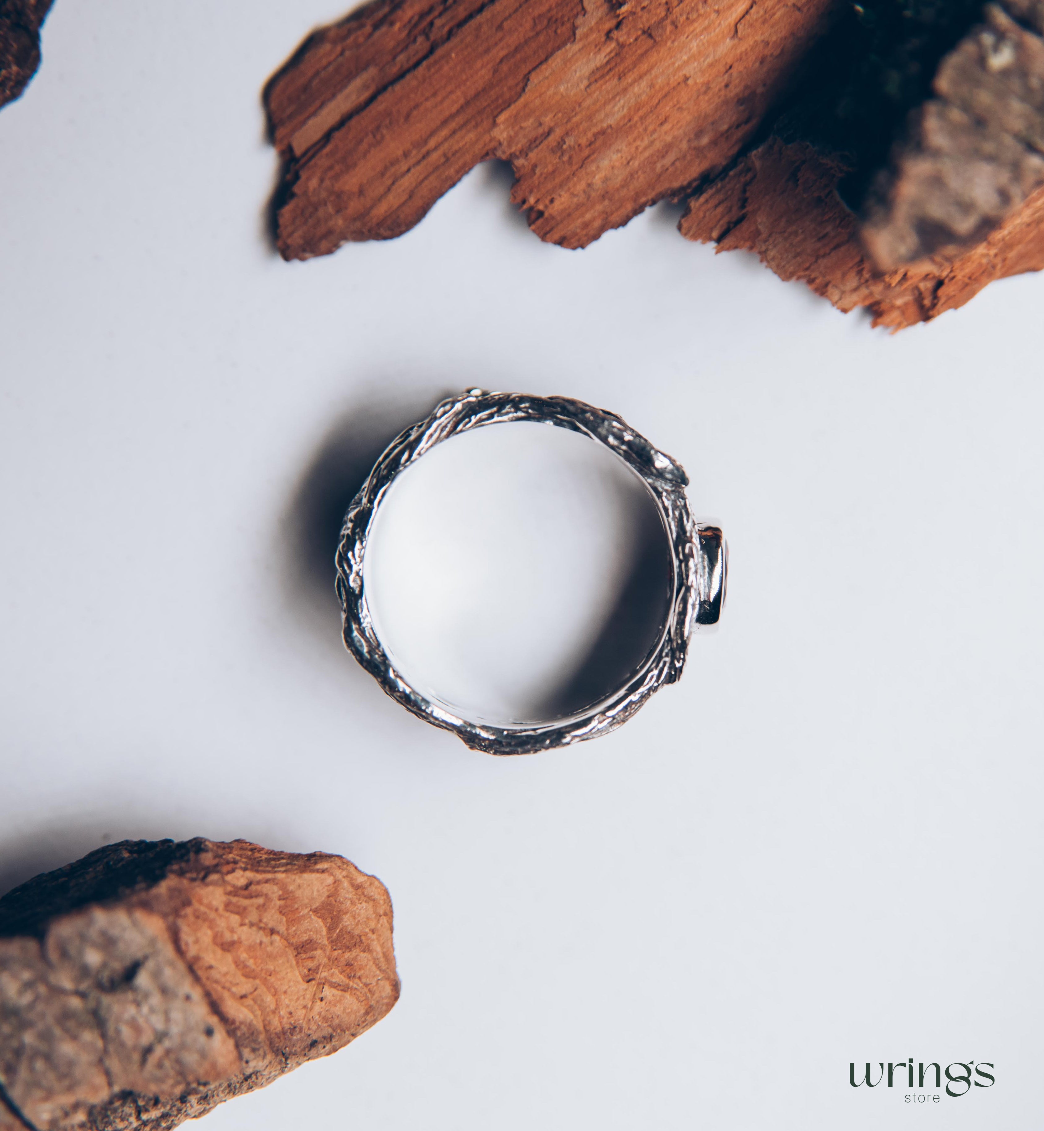 Oak Leaves in Wide Silver Ring with Bezel Garnet