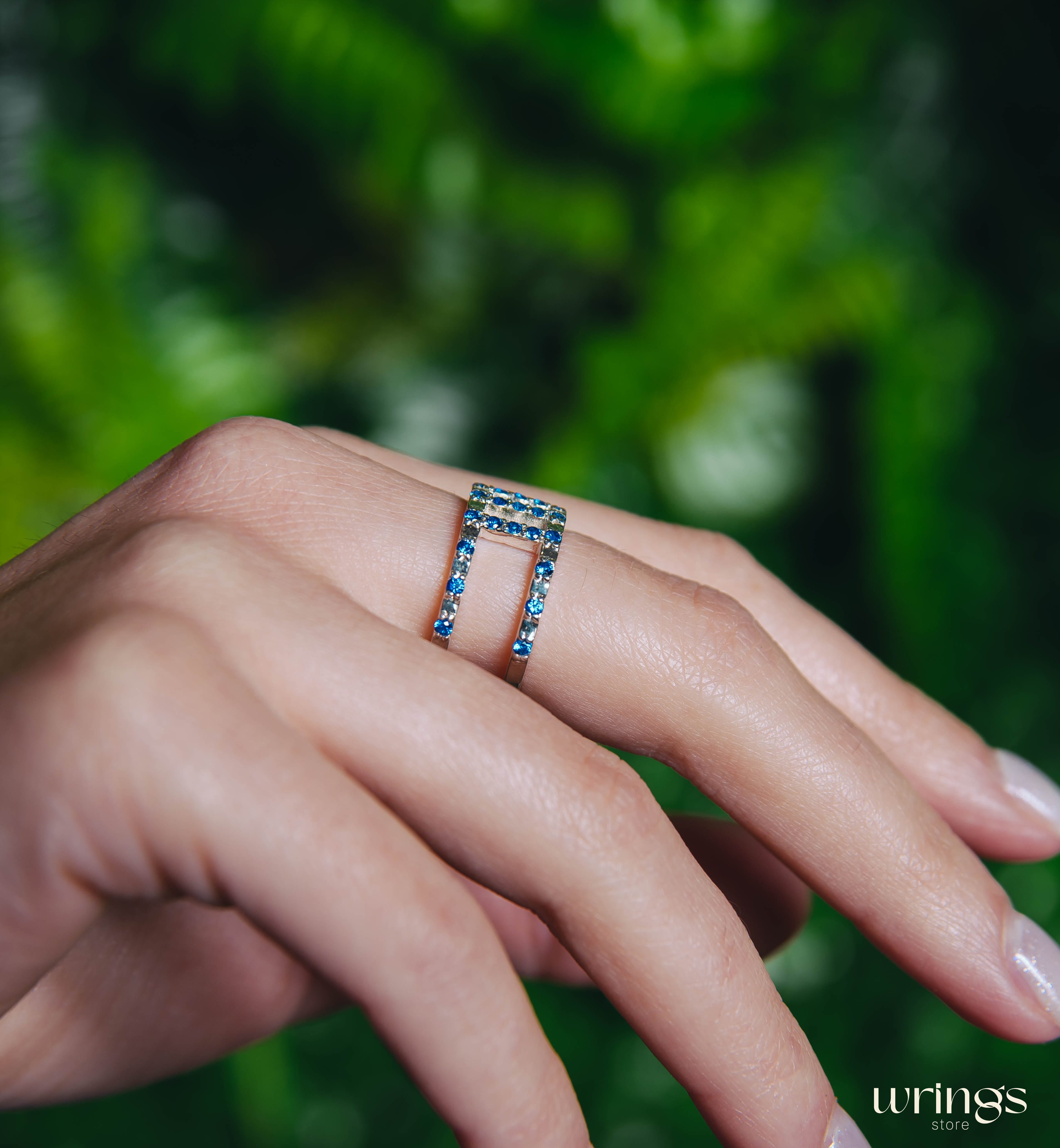 Double Band Wedding Ring Blue Sapphires Multi Stone