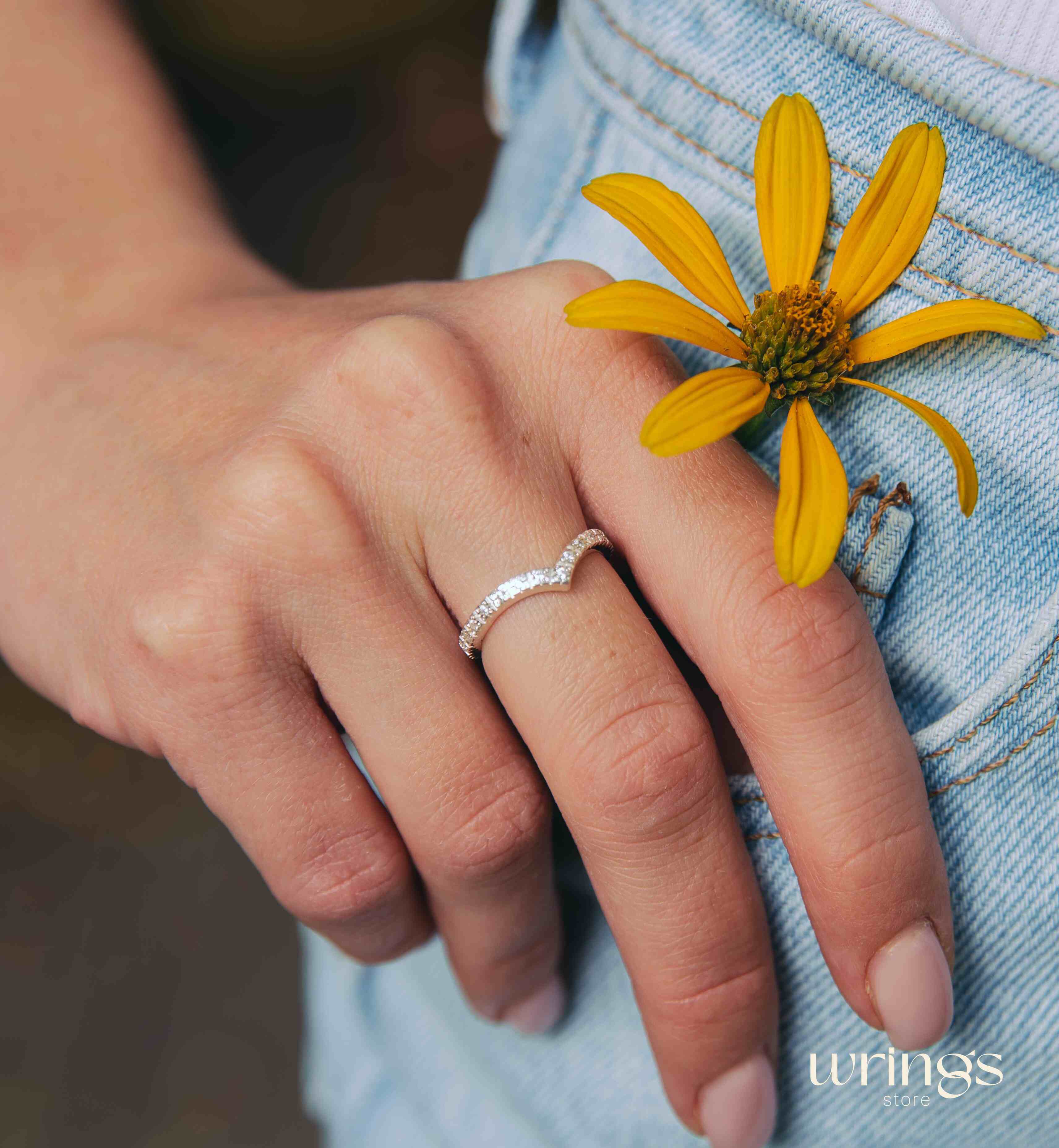 Silver Chevron Wedding Ring Many Custom White Stones