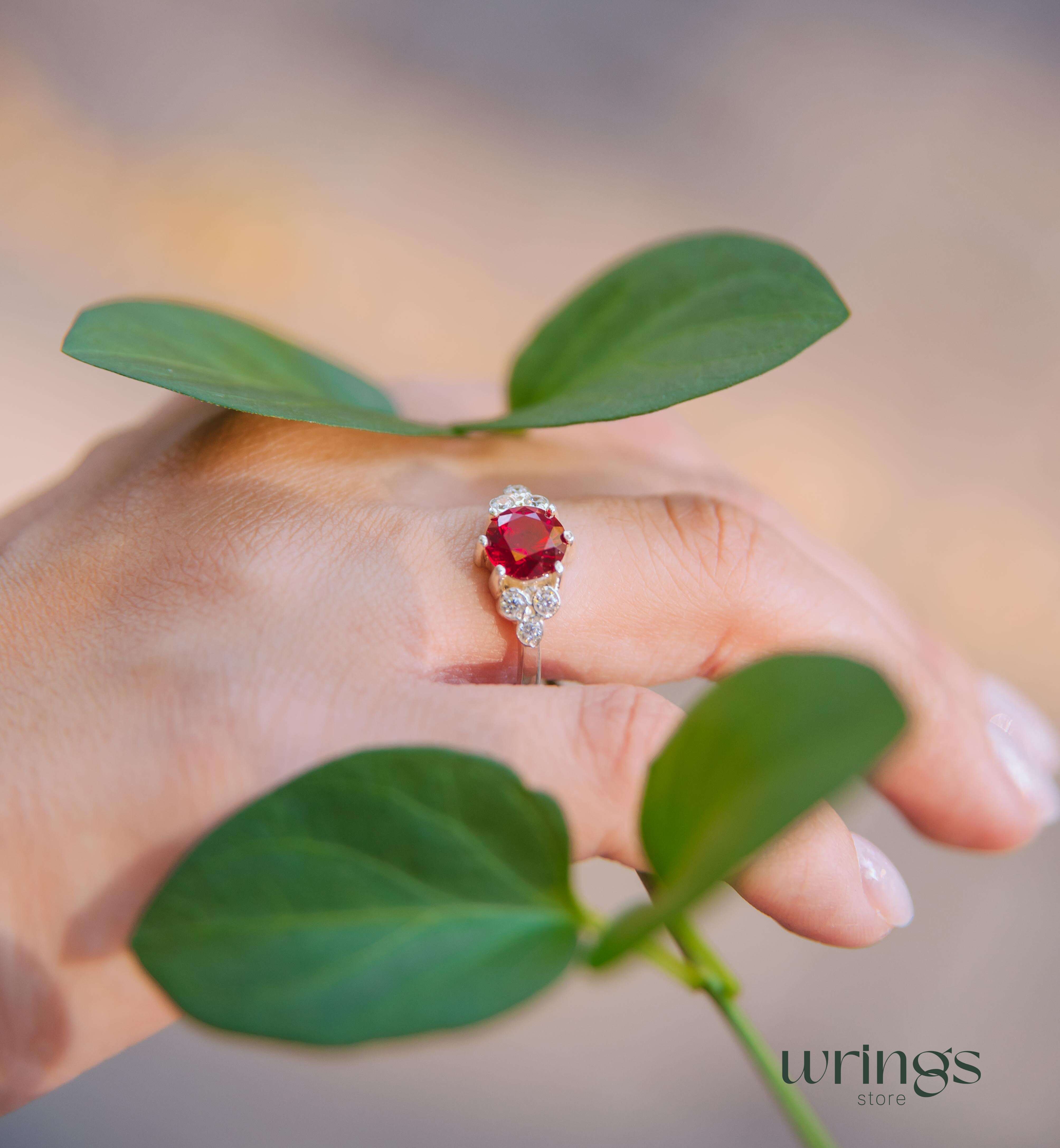 Large Red stone Statement Cluster Engagement Ring Silver