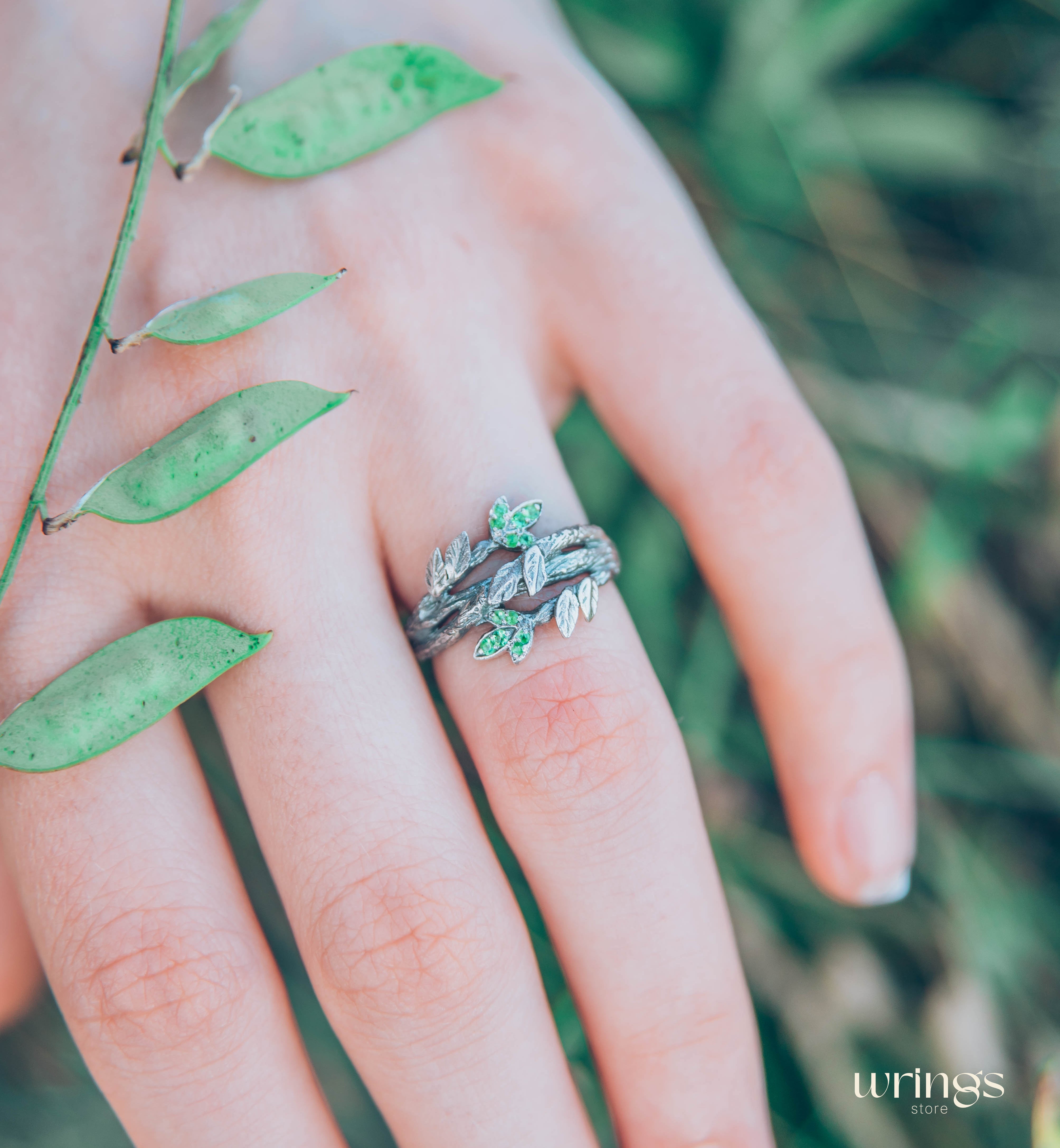 Leaves with Emeralds on the Braided Twigs Ring