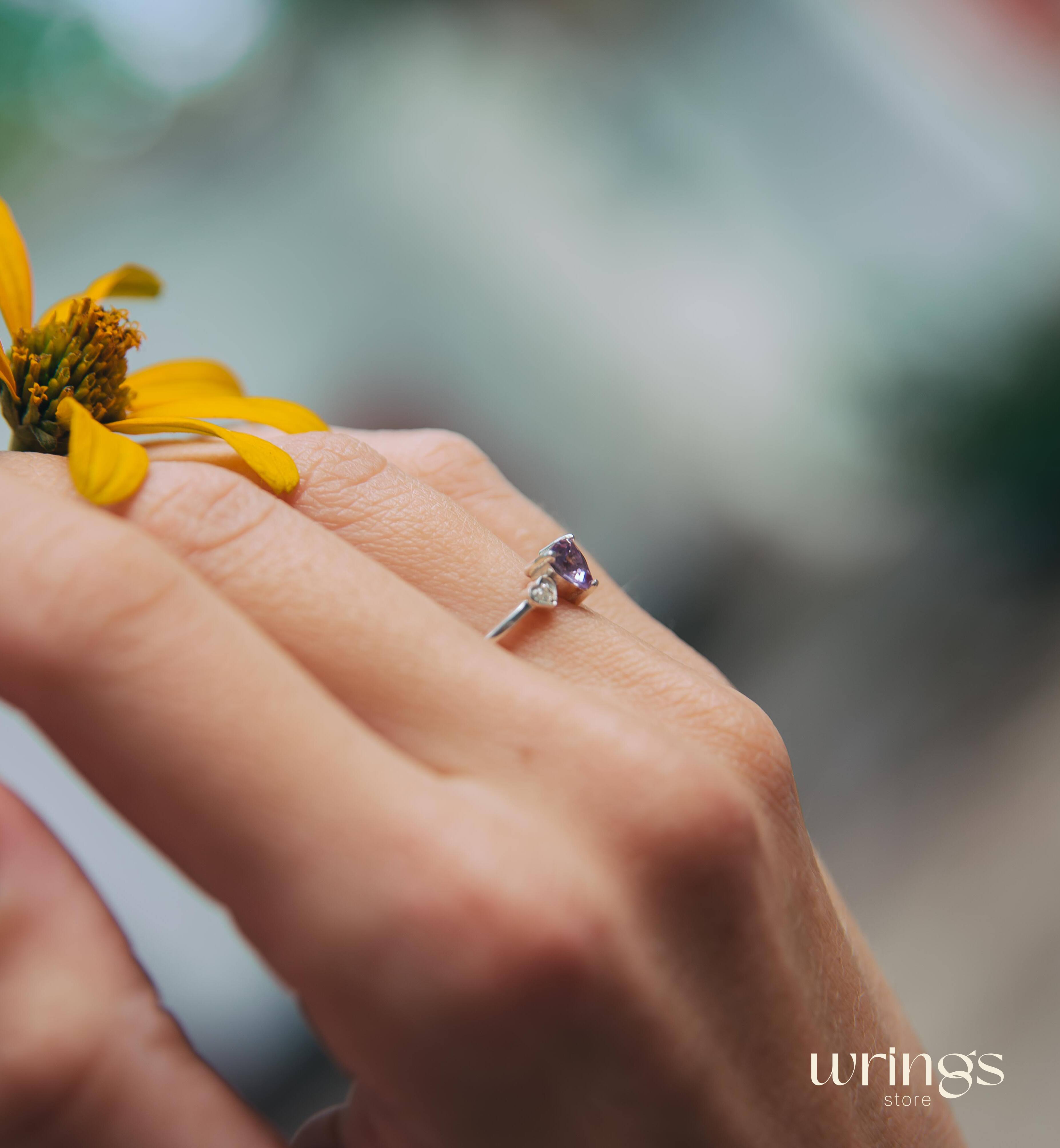 Trilliant Amethyst Silver Ring & White Stone in Side Heart