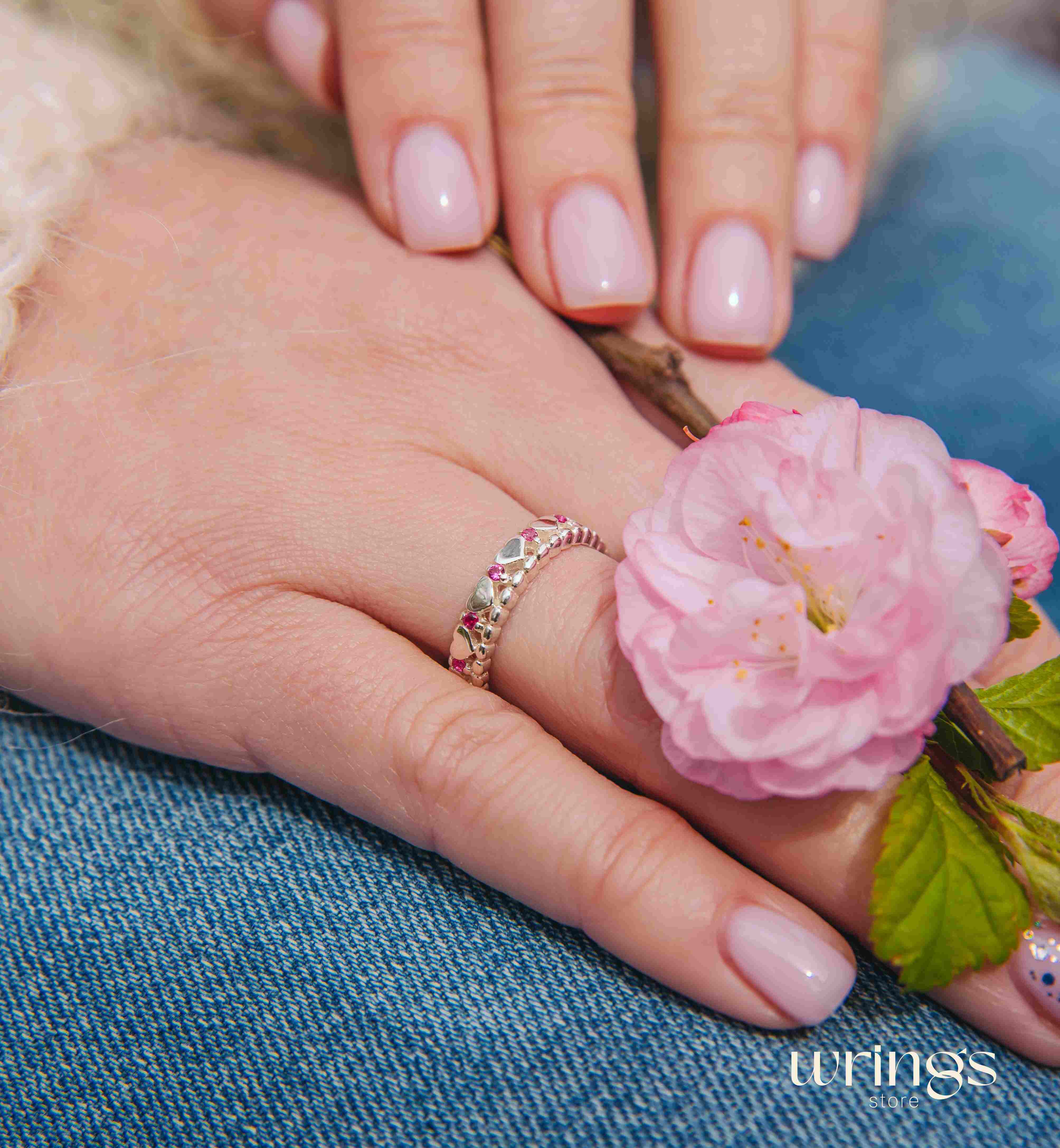 Genuine Multiple Rubies Silver Beaded Heart Promise Ring