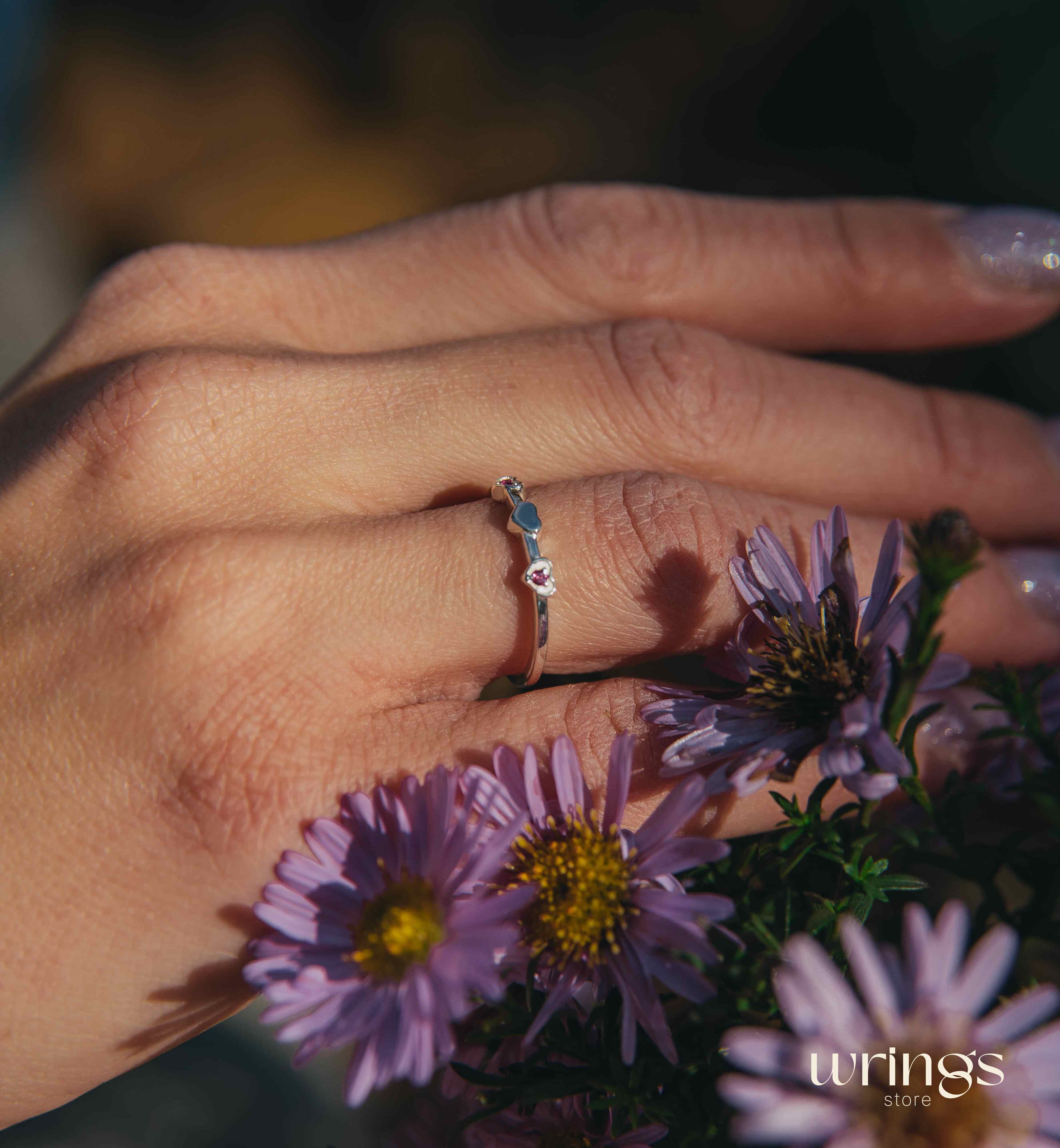 2 Real Rubies and 3 Hearts Unique Silver Promise Ring