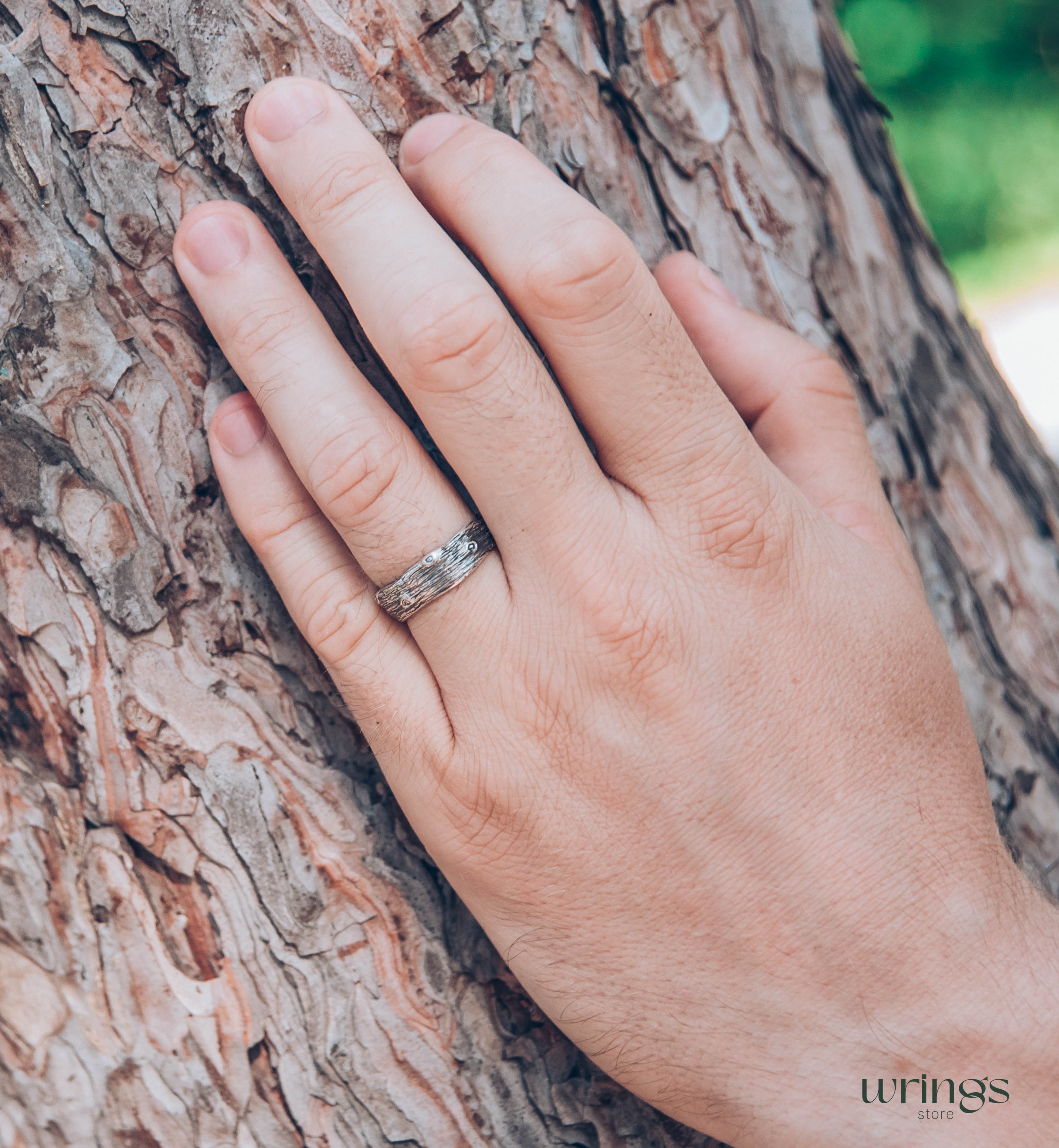 Unusual Tree bark and Stumps Silver Wedding Band Unisex