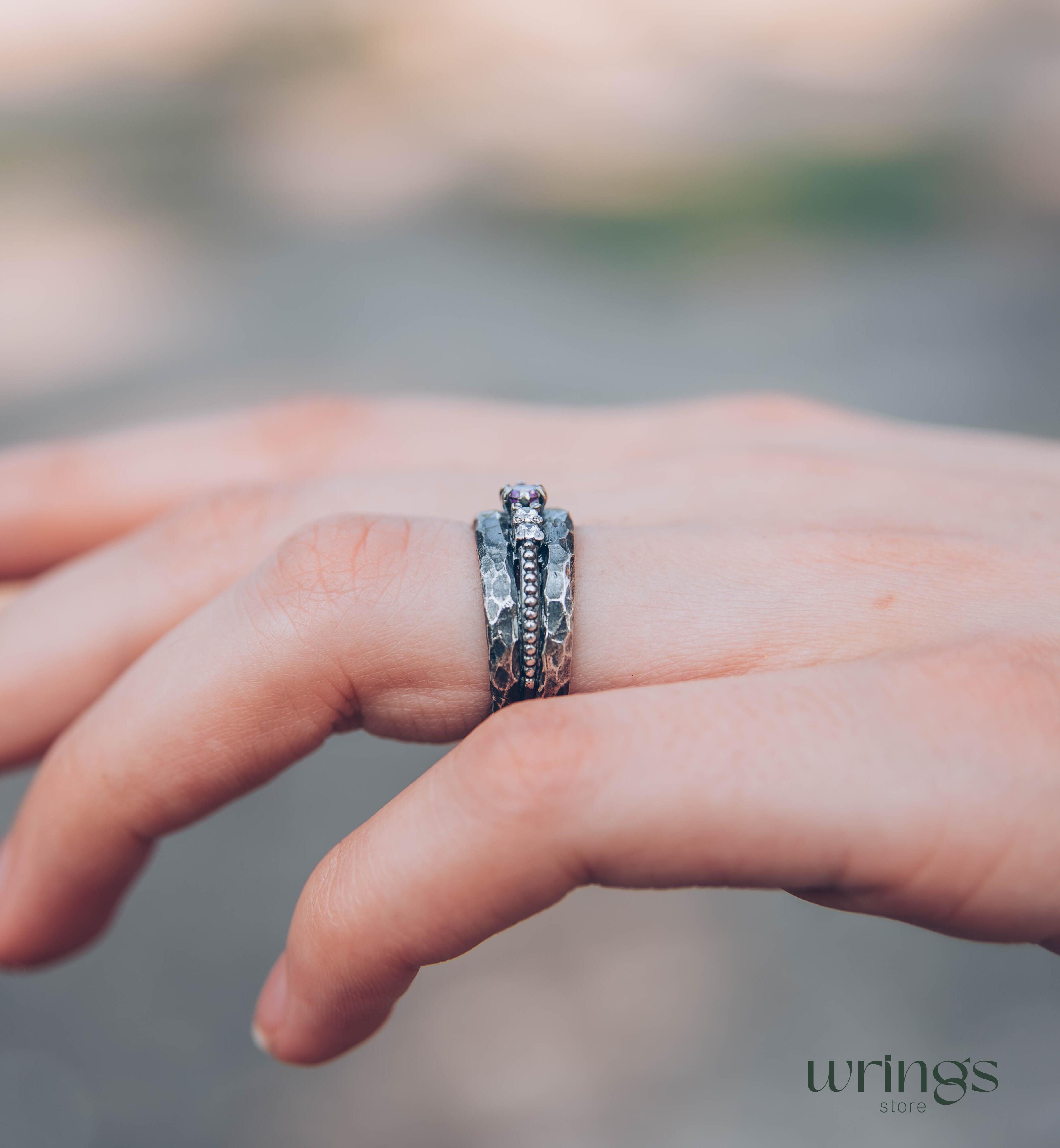 Unique Silver Women's Hammered Ring with Amethyst and CZ