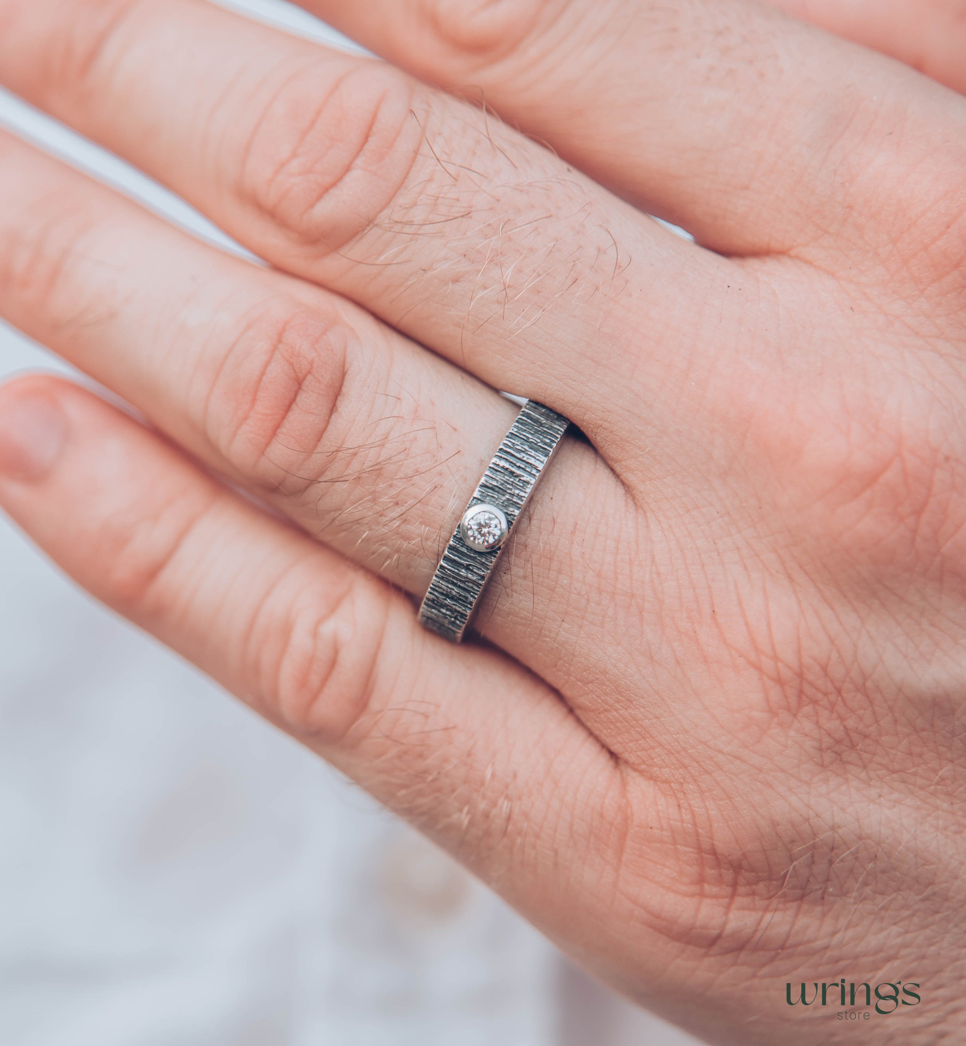 Bezel Diamond and Tree Bark Textured Silver Wedding Ring