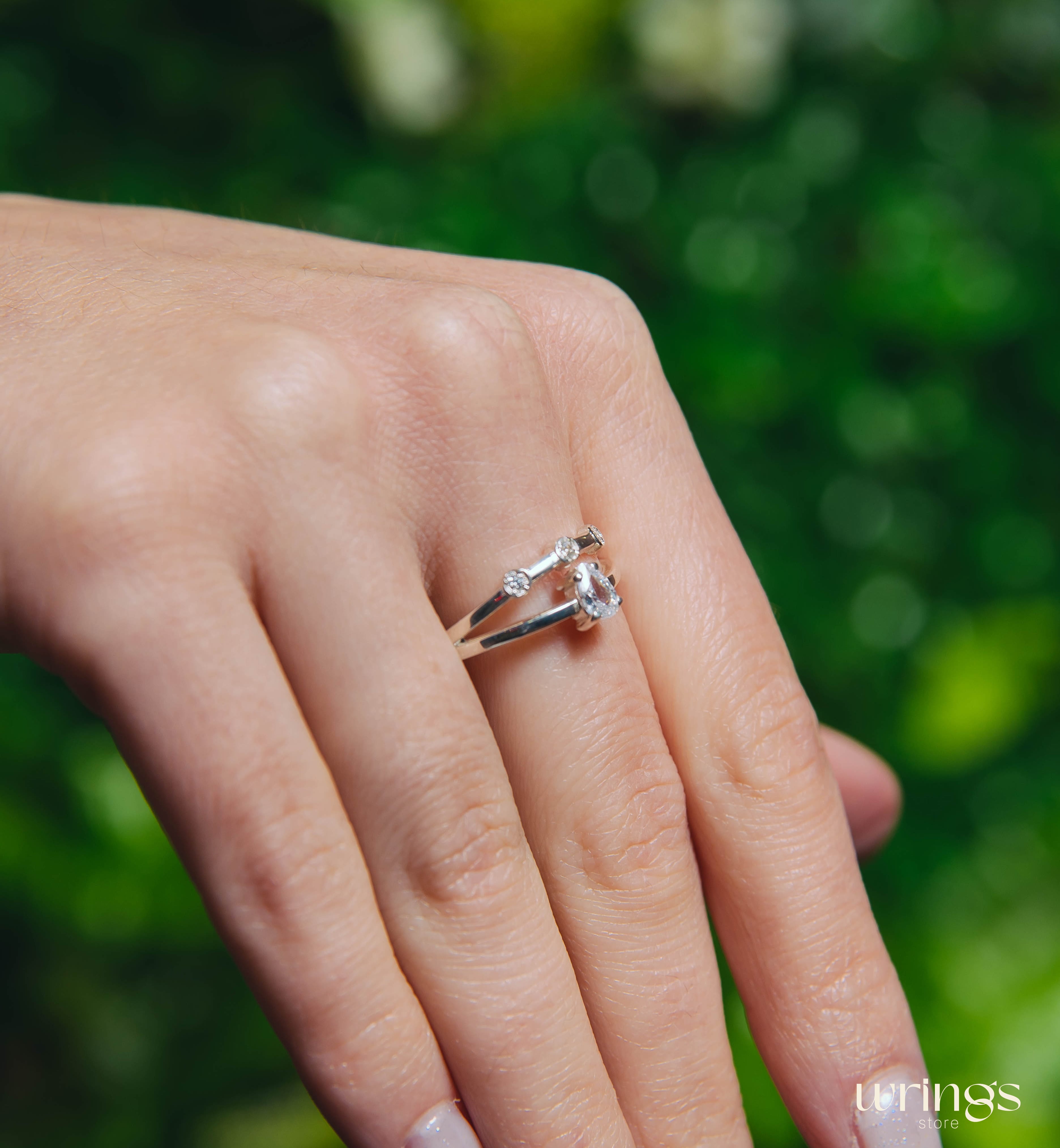 Pear Diamond CZ Double Engagement Ring Band Side Stones