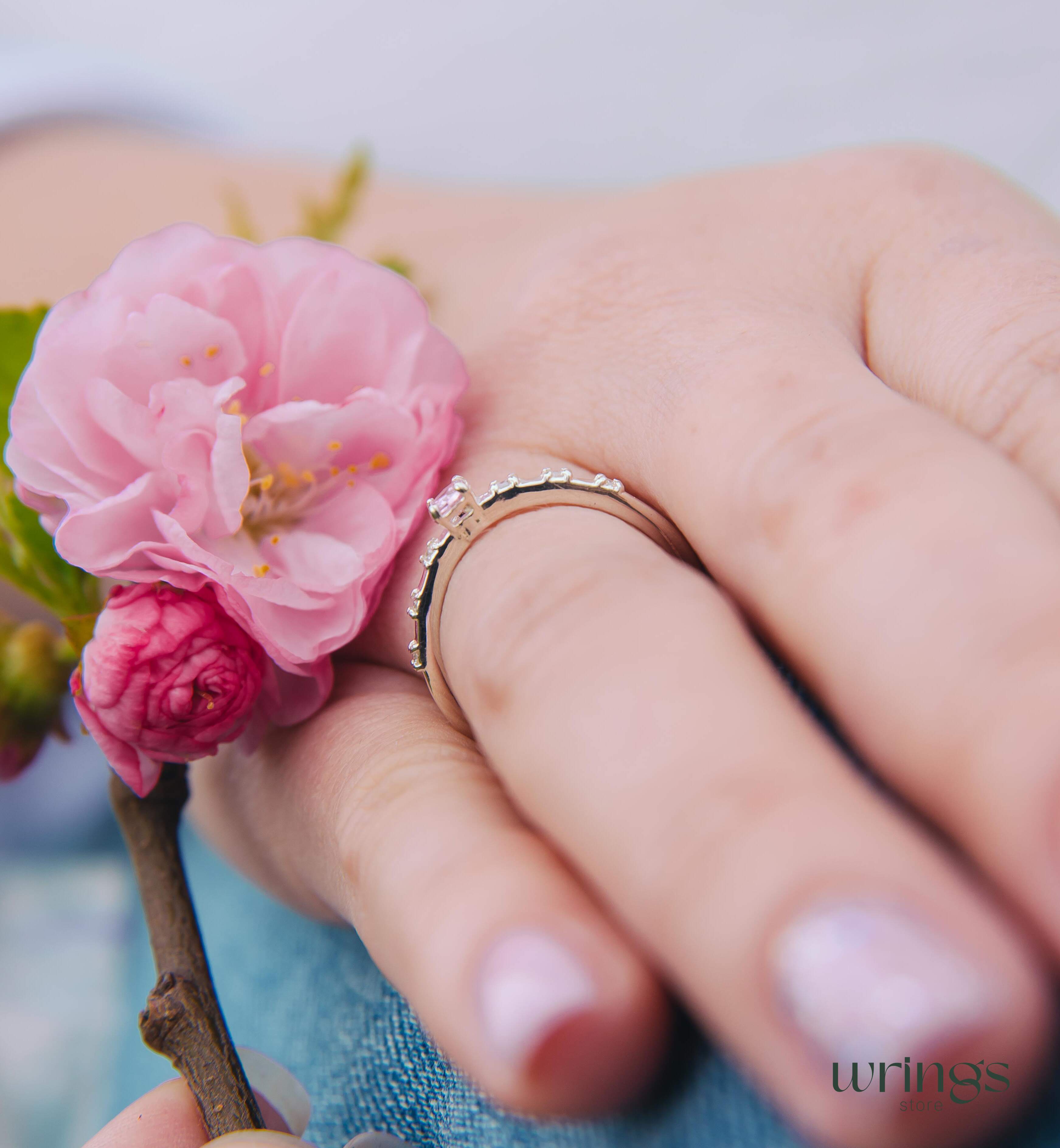 Rose Cubic Zirconia Side Stone Engagement Ring Silver