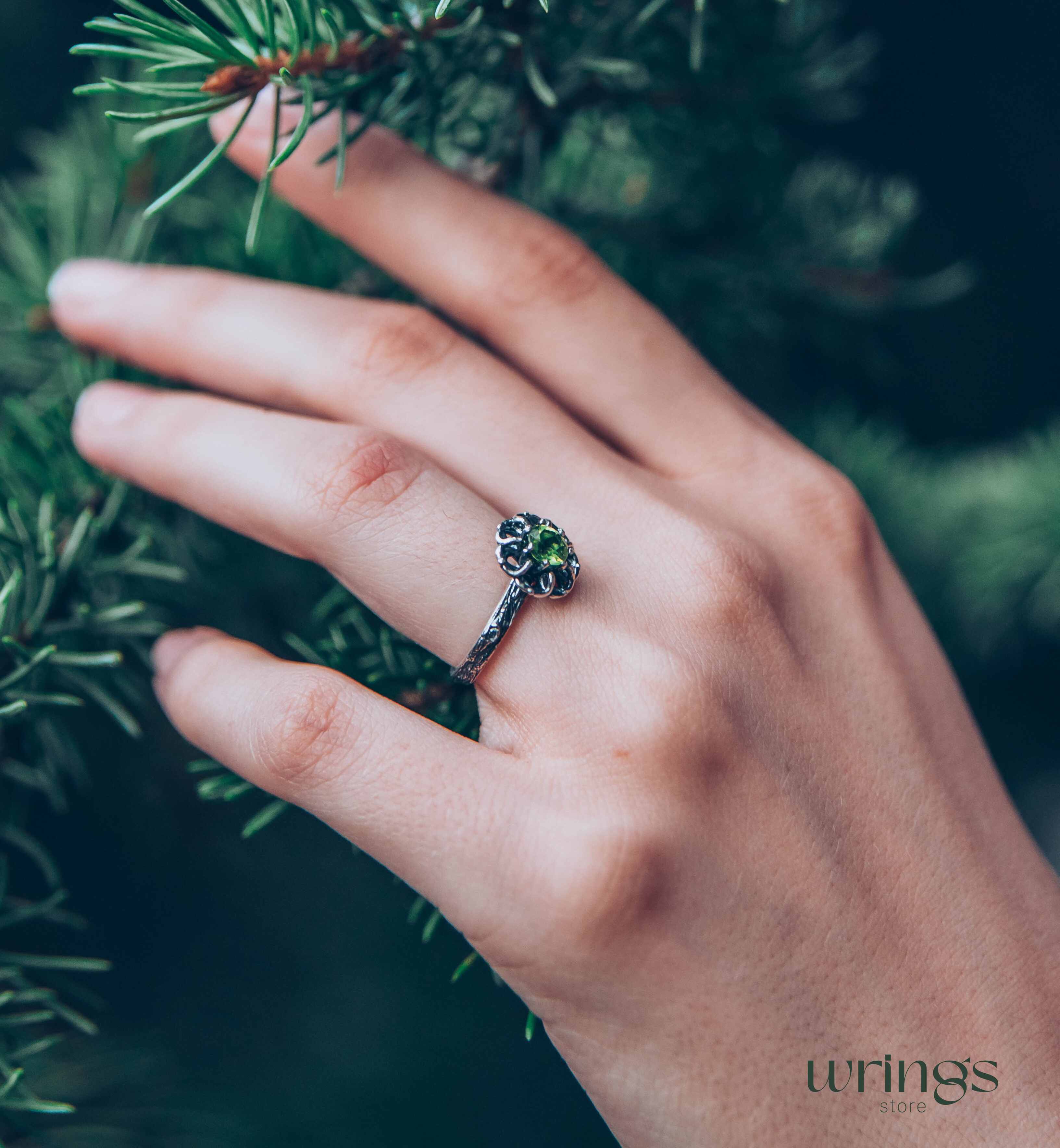 Silver Branch and Peridot Flower Engagement Ring for Women