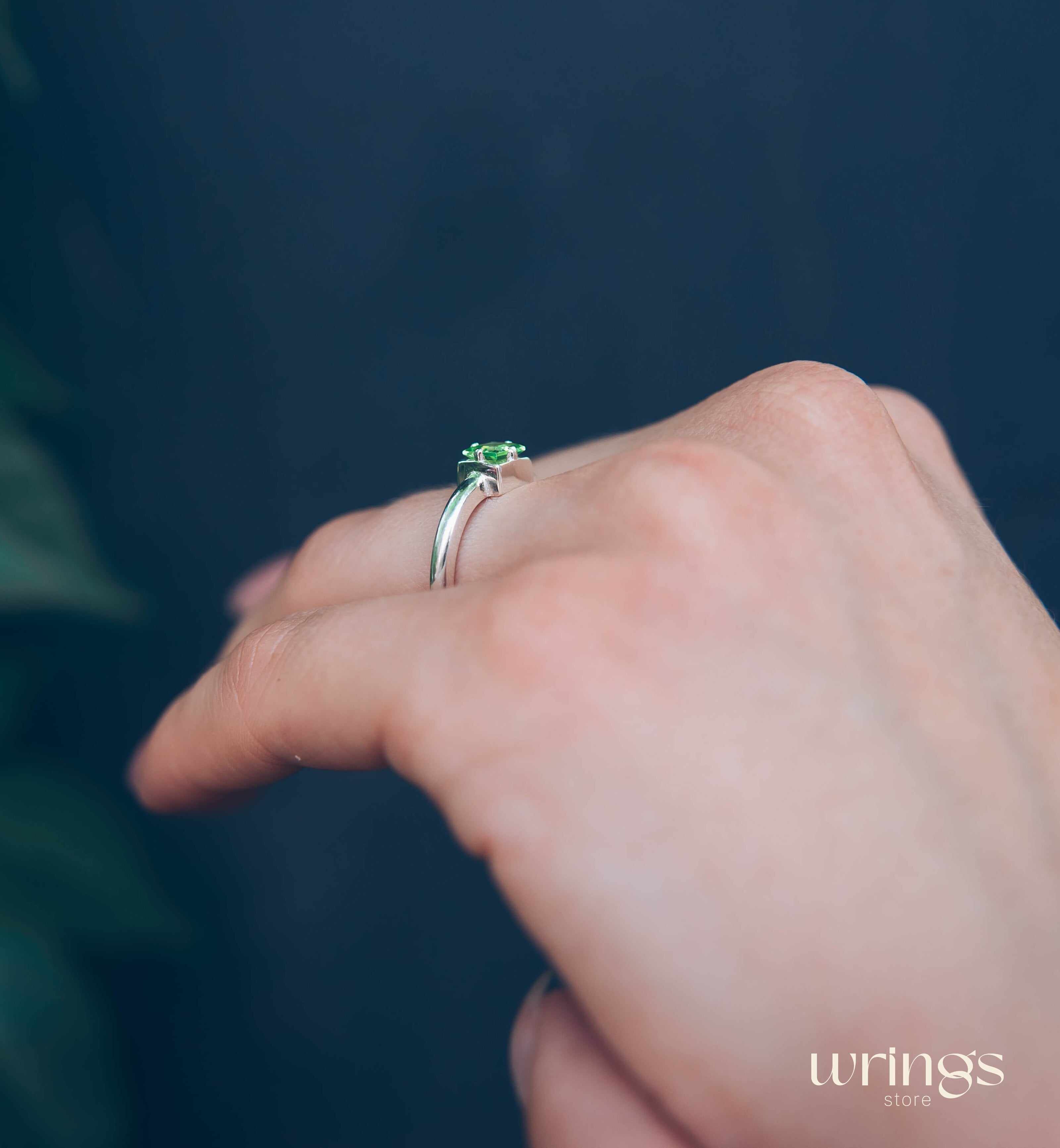 Square Peridot Simple Silver Engagement Ring