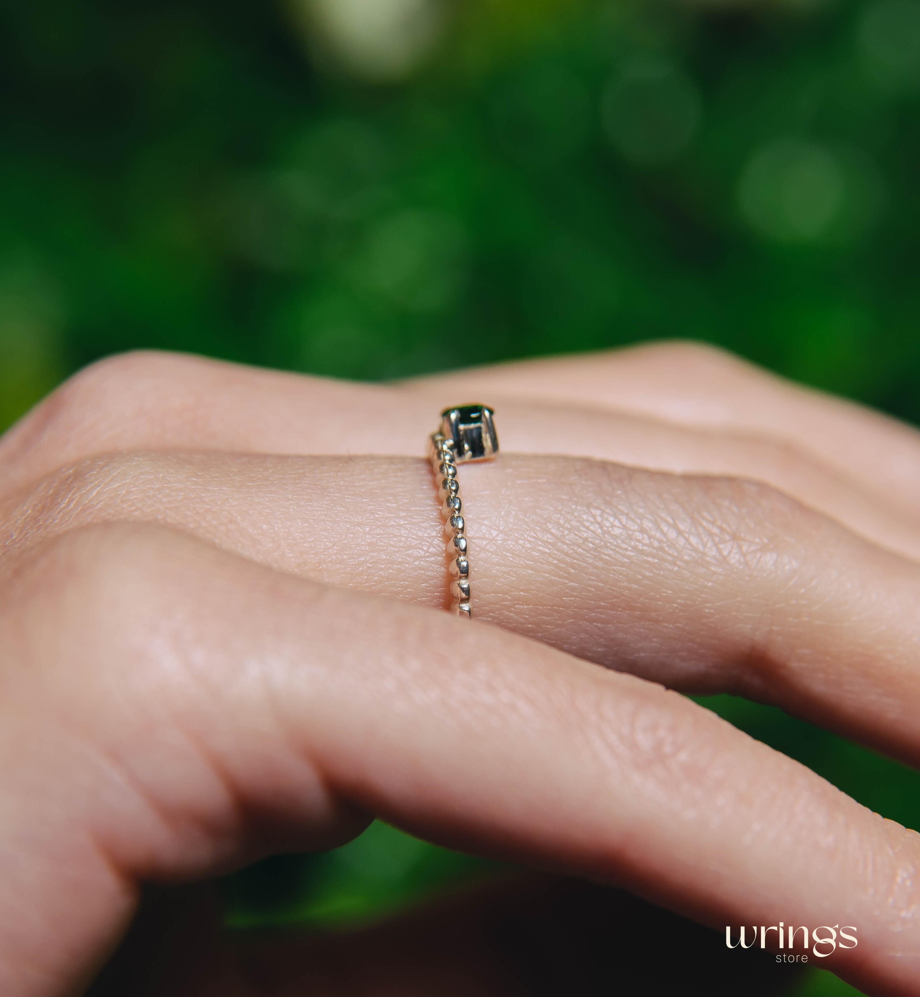 Thin Silver Beaded Engagement Ring with Green Tourmaline