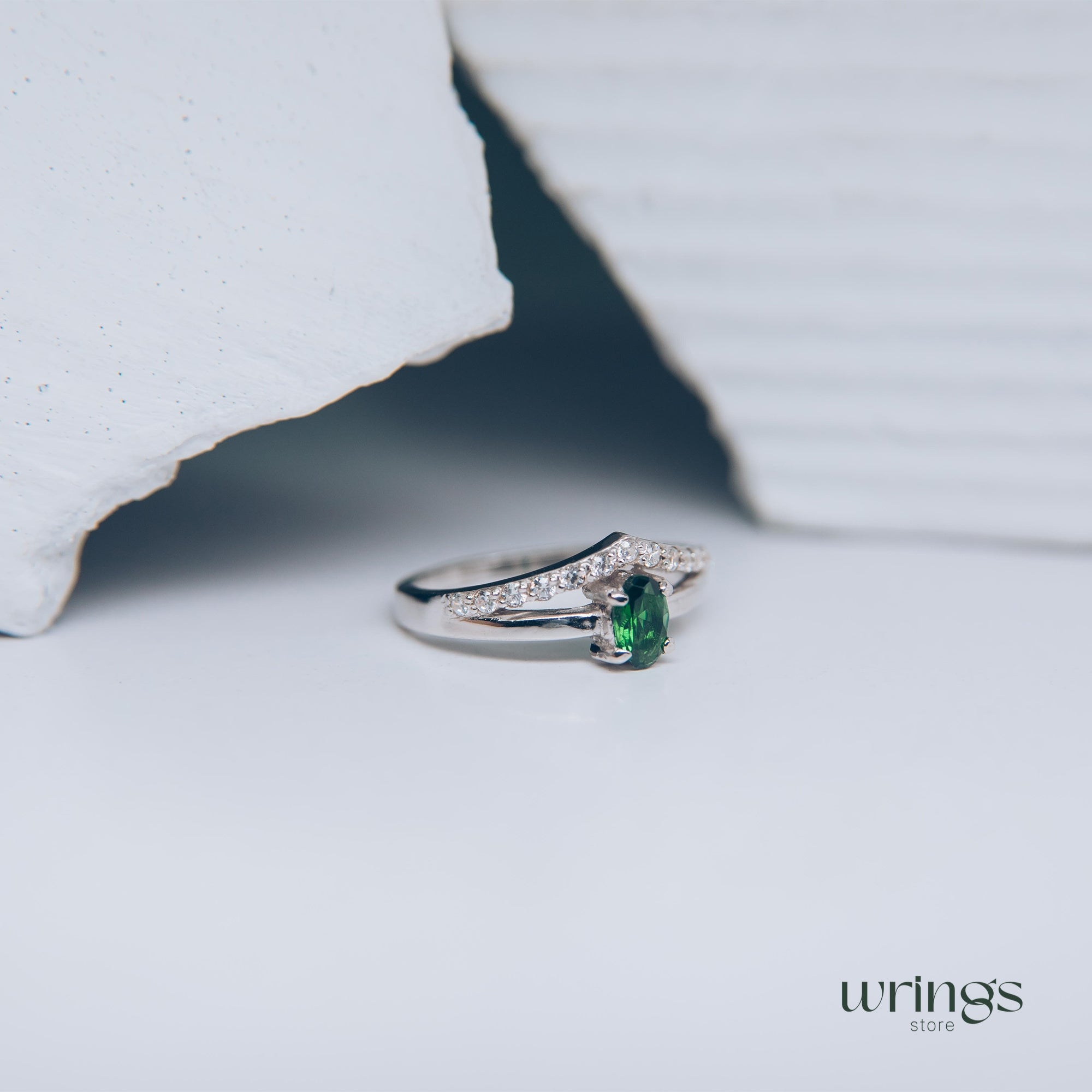 Vertical Oval Emerald V Engagement Ring Silver with CZ