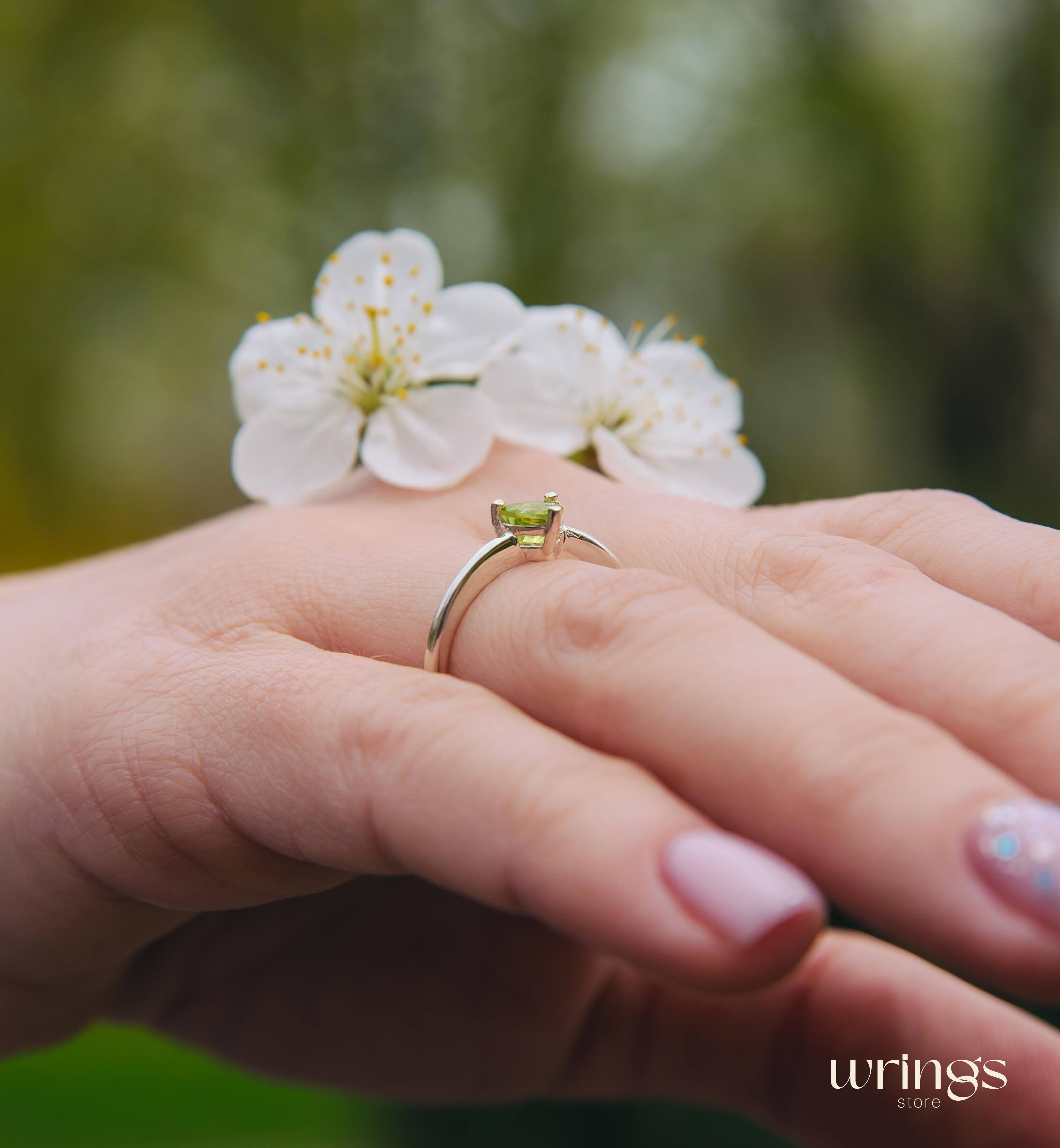 Geen Heart Cut Peridot Silver Solitaire Engagement Ring