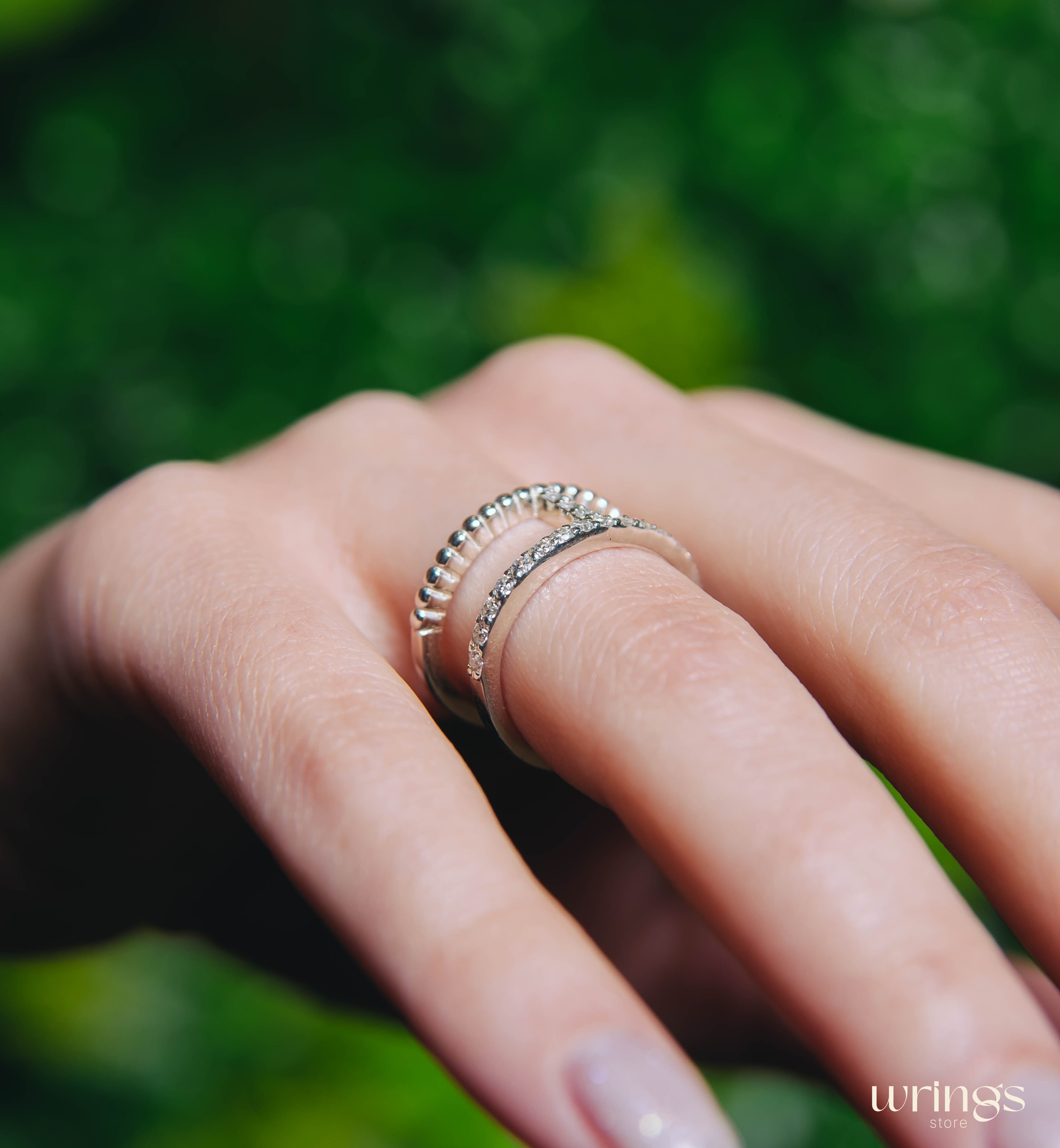 Double Band Statement Ring Diamonds and Beaded Style