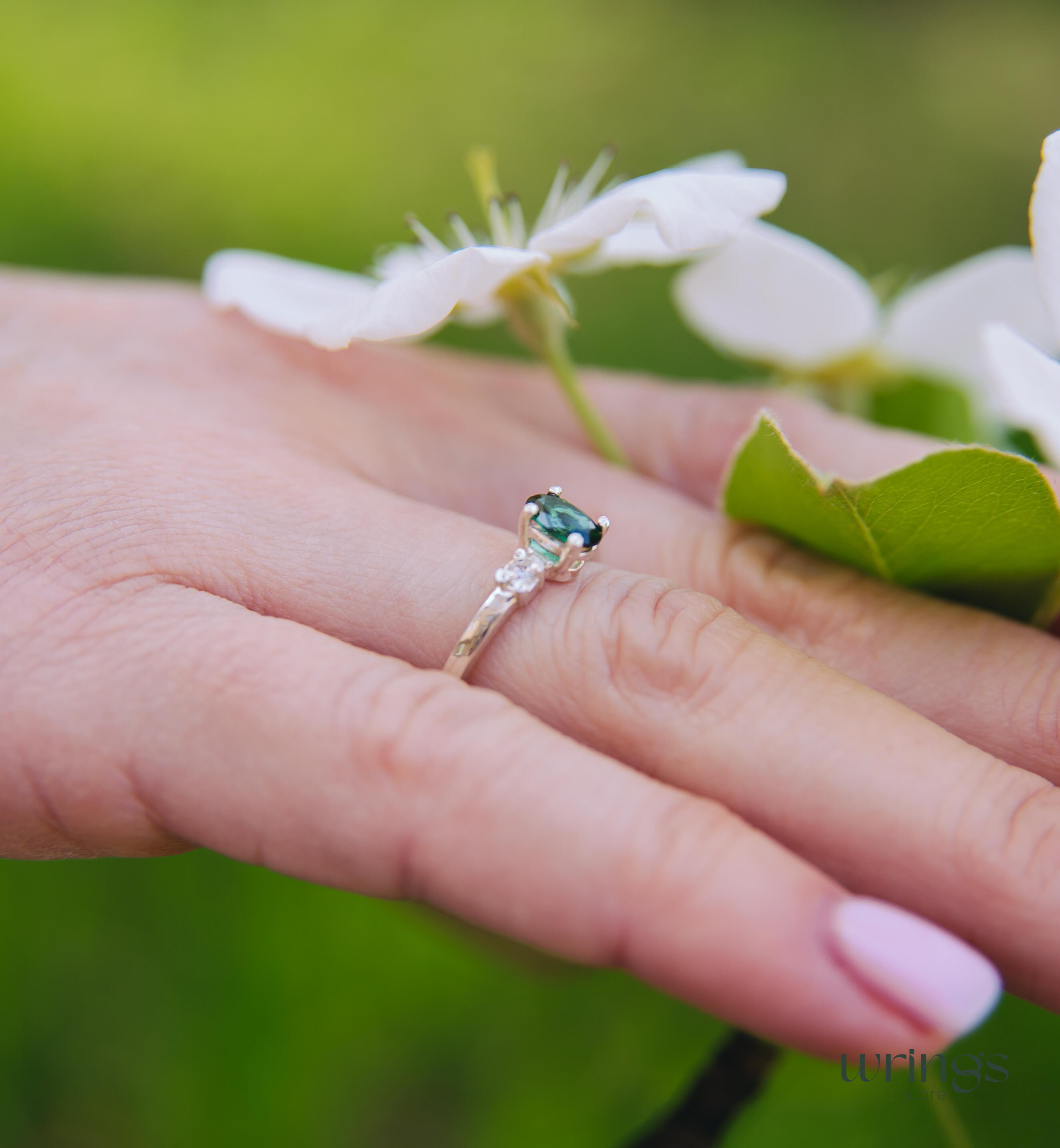 Vertical Oval LG Green Tourmaline Ring & Side Stones