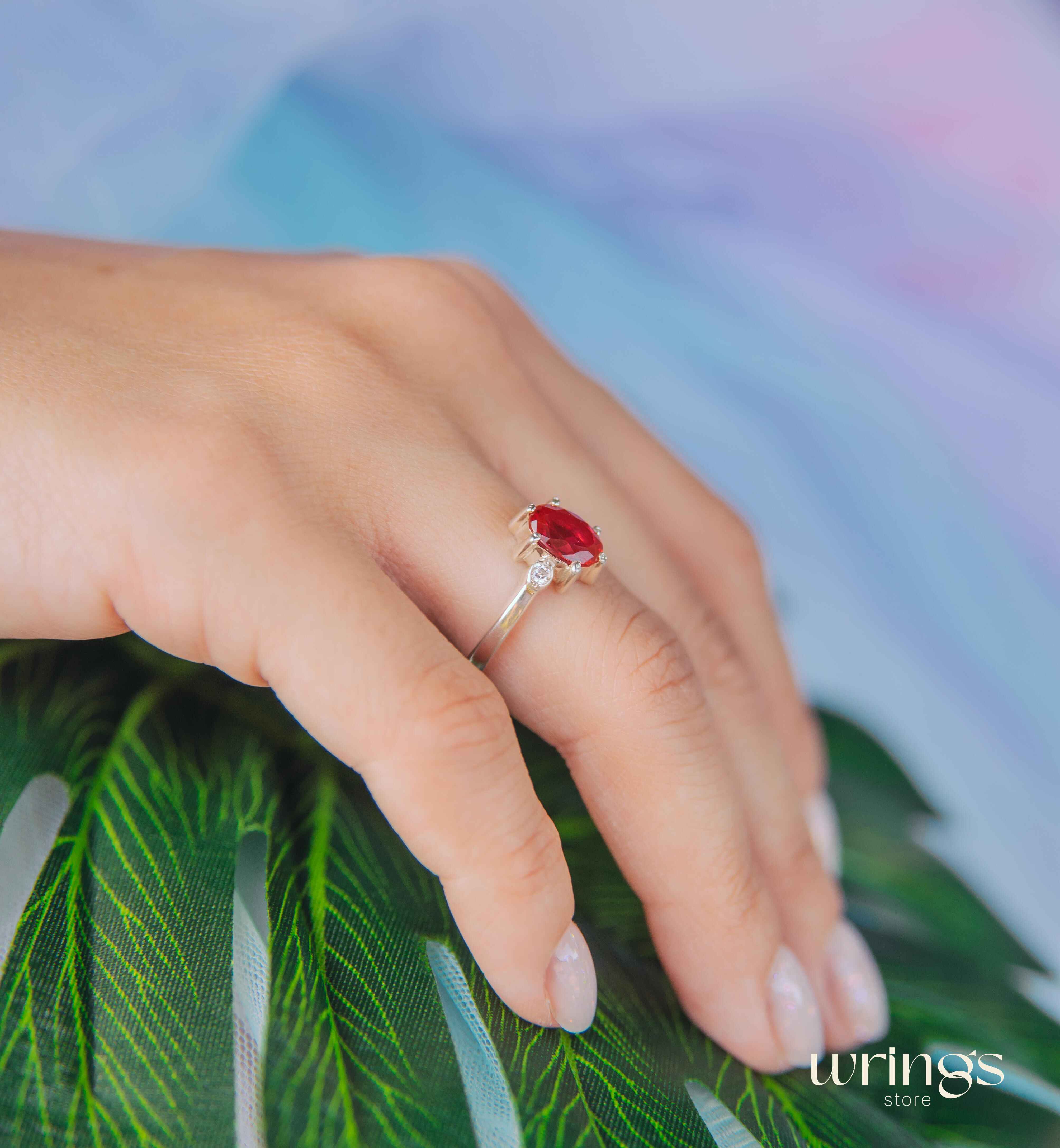 Large Oval cut Red Stone Silver Cocktail Ring & Side Stones