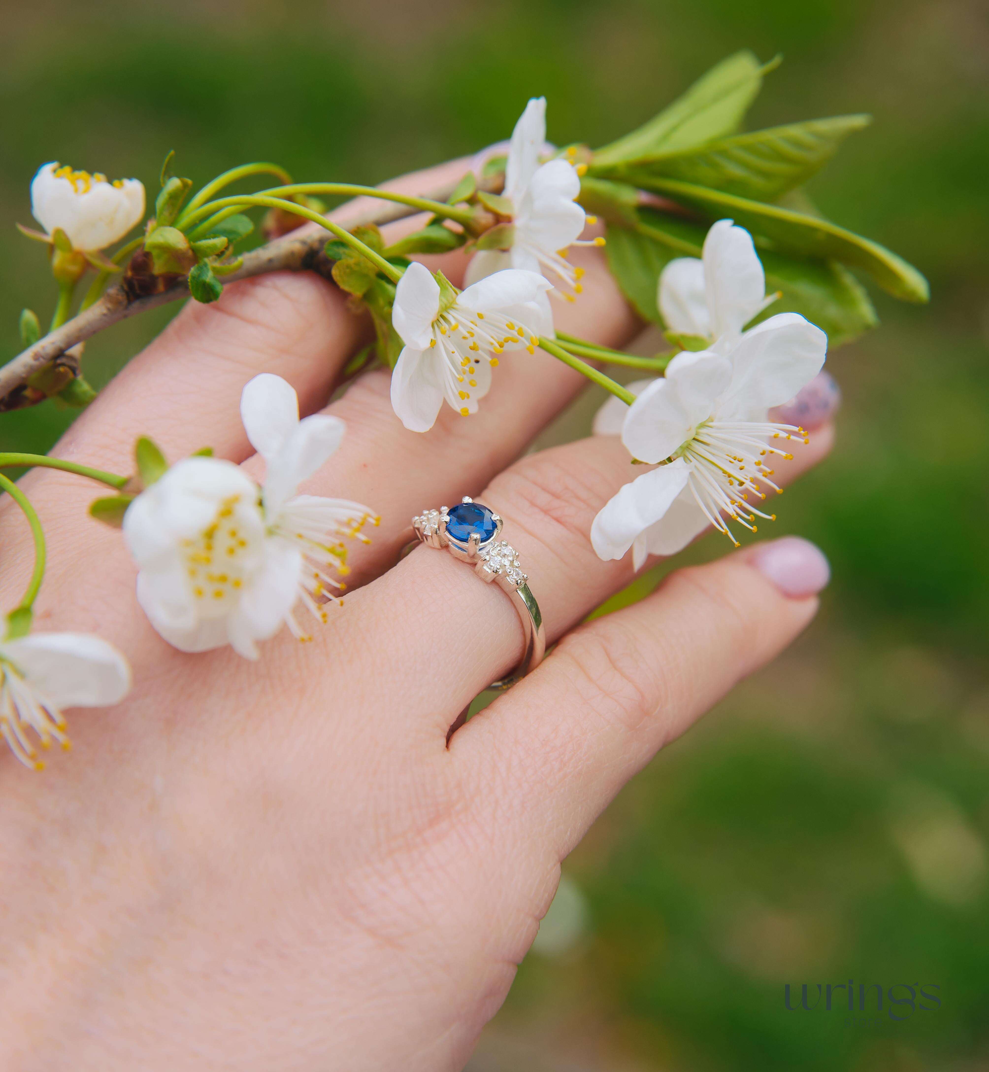 Simulated Sapphire Silver Ring - Cluster Side Stones