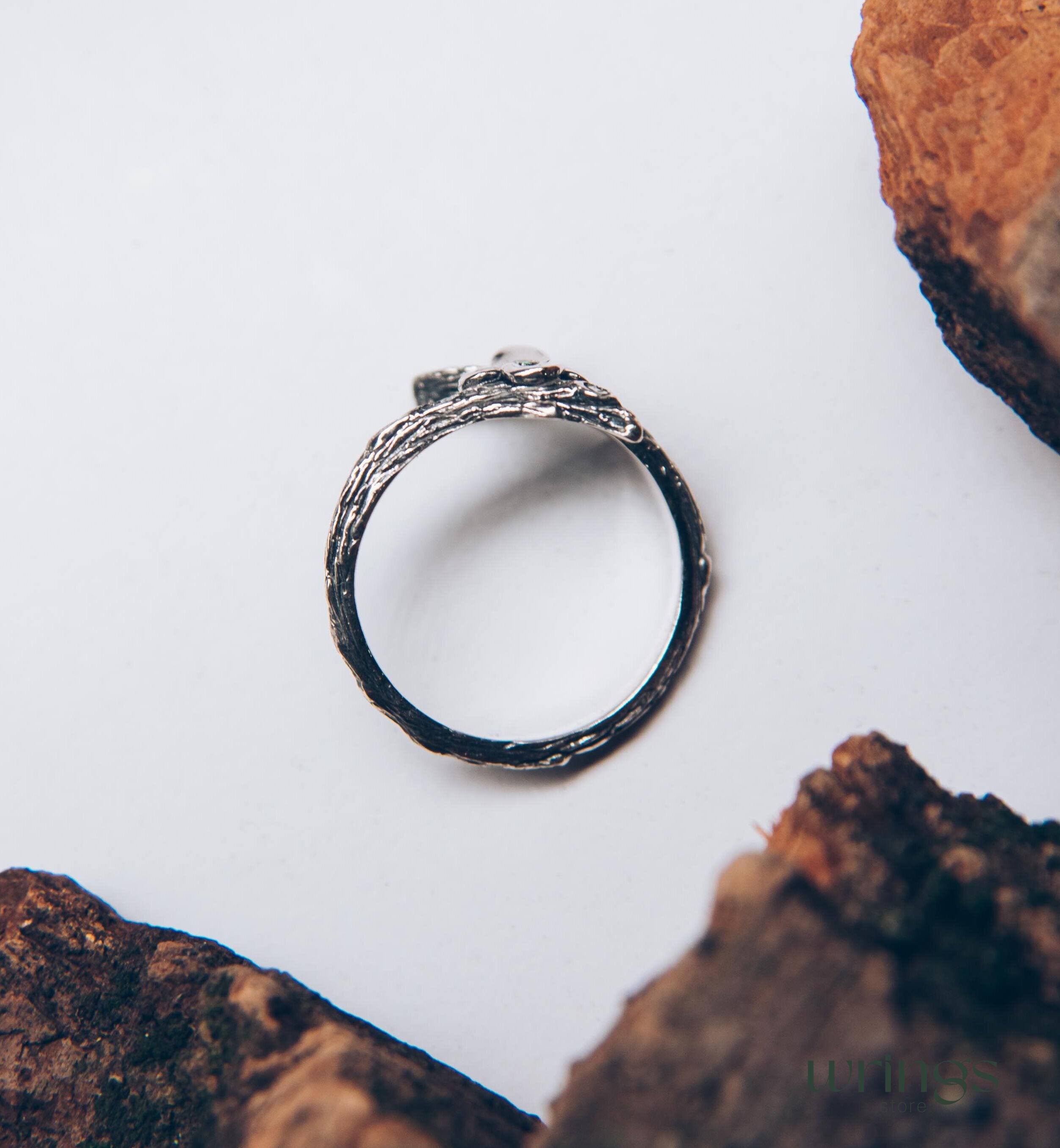 Dainty Quatrefoil flower Ring with Emerald and tiny Branch