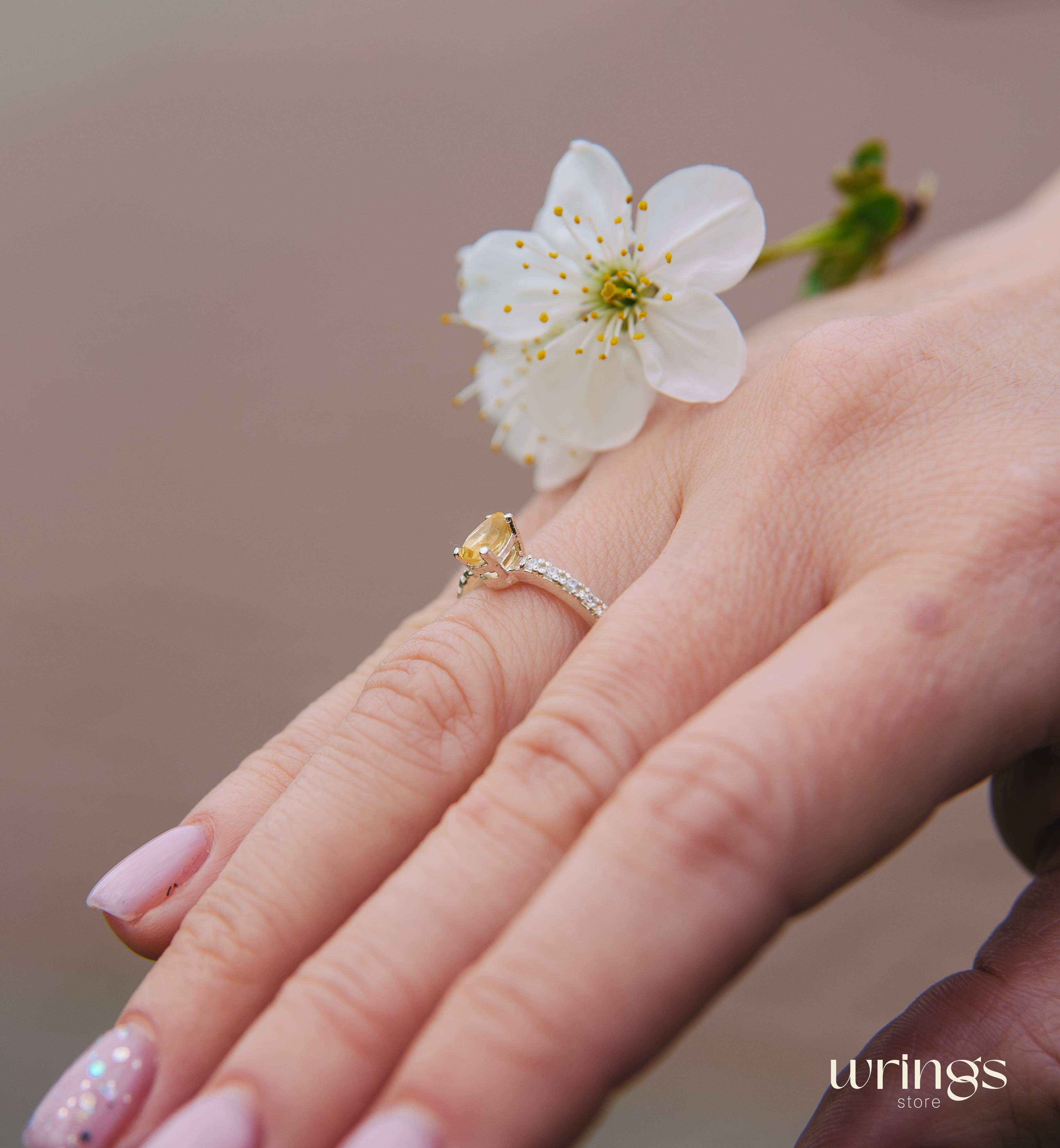 Pear cut Citrine Side Stone Engagement Ring Silver