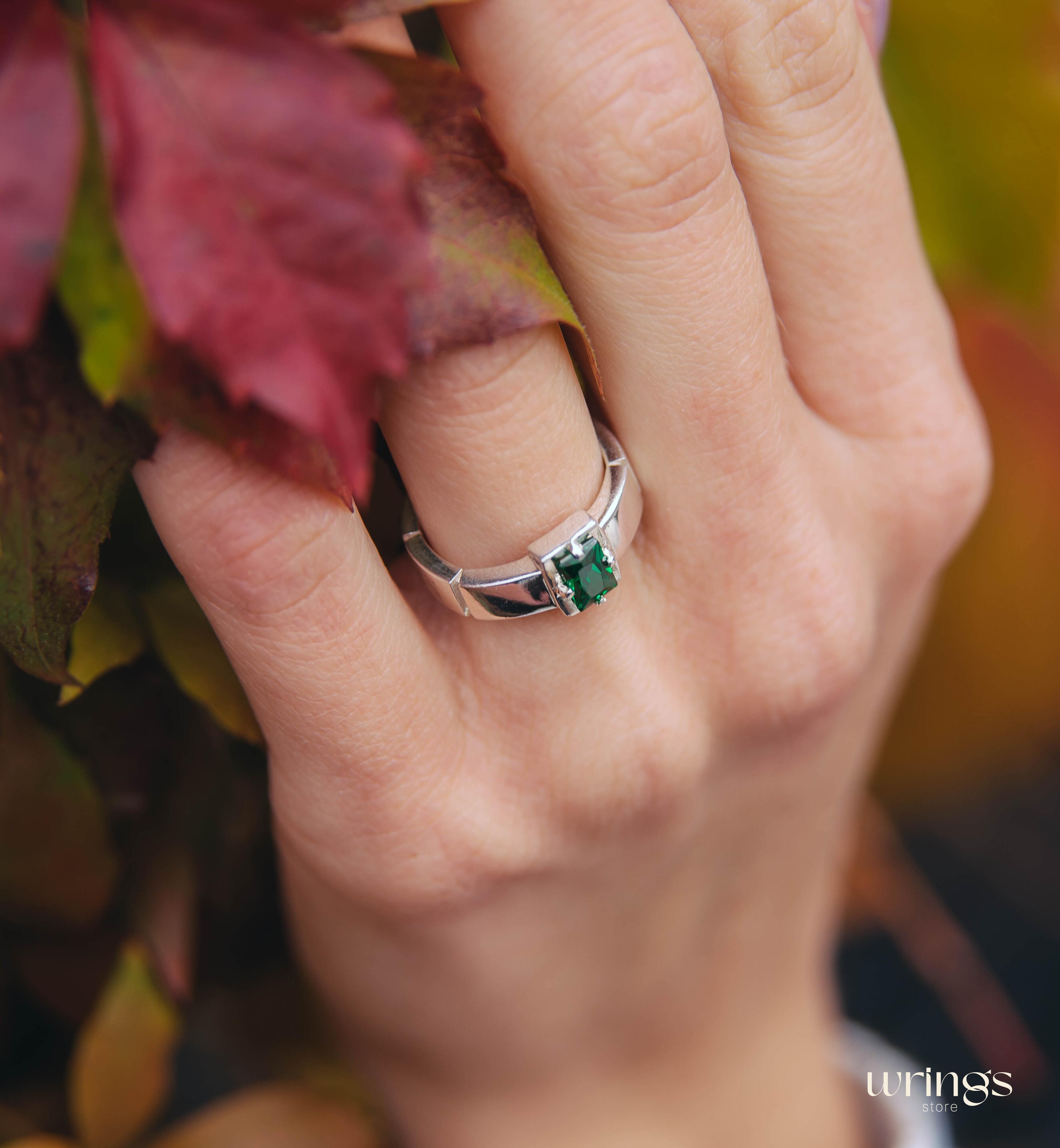 Solitaire Silver Wide Engagement Ring Octagon Gemstone