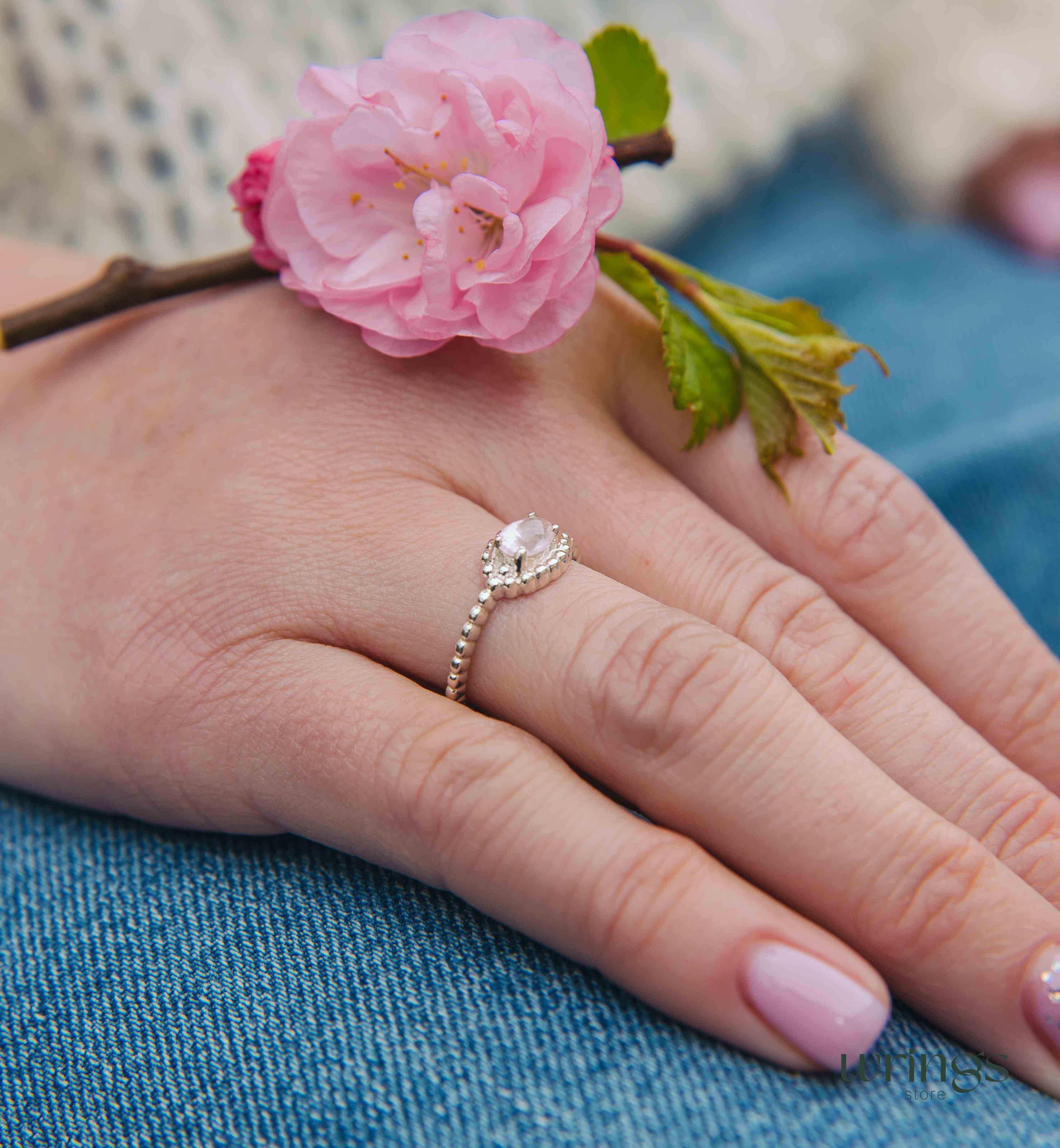 Large Peach Quartz Gemstone Statement Silver Bead Ring