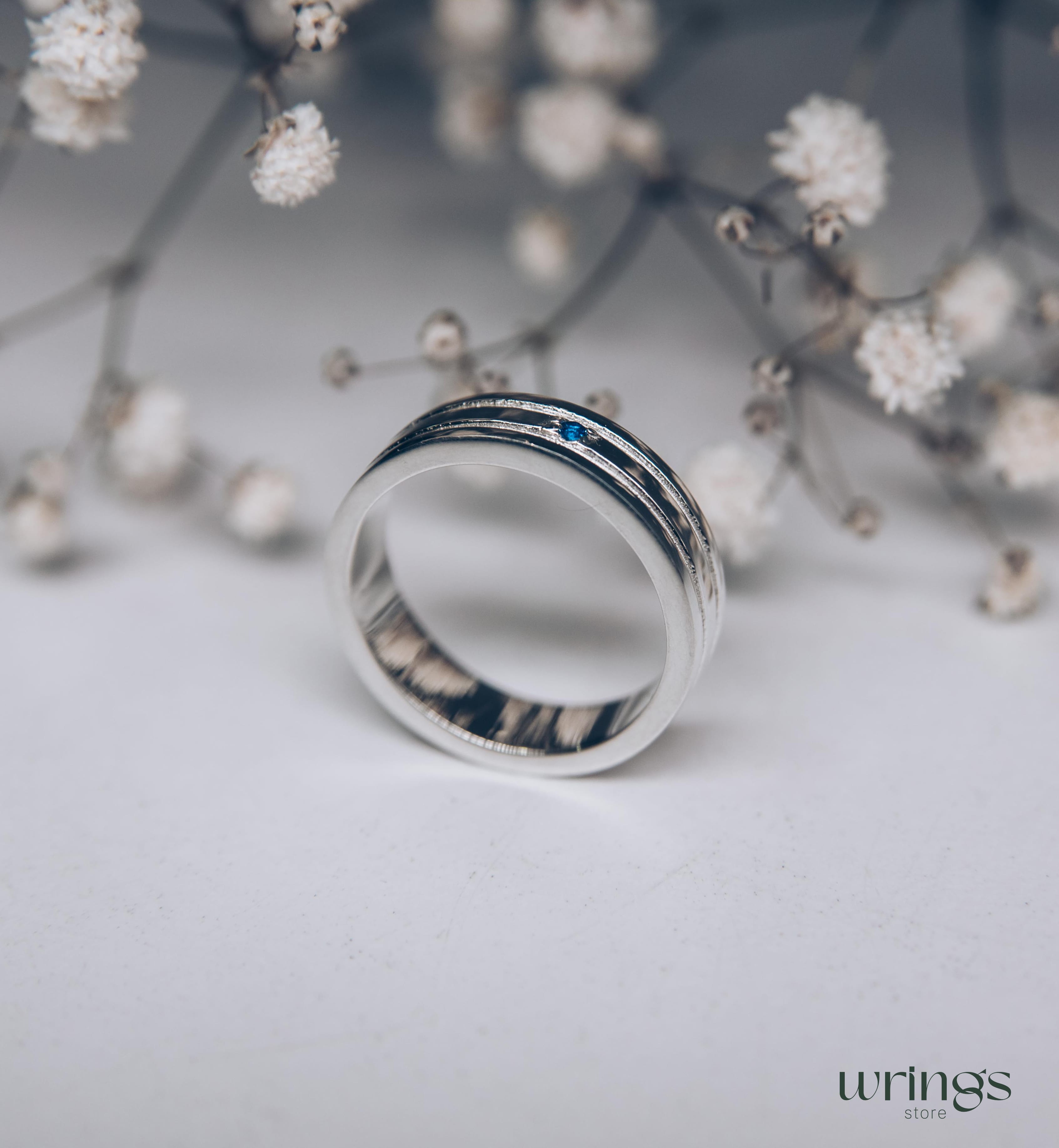 Womens Engraved Silver Wedding Band with Sapphire