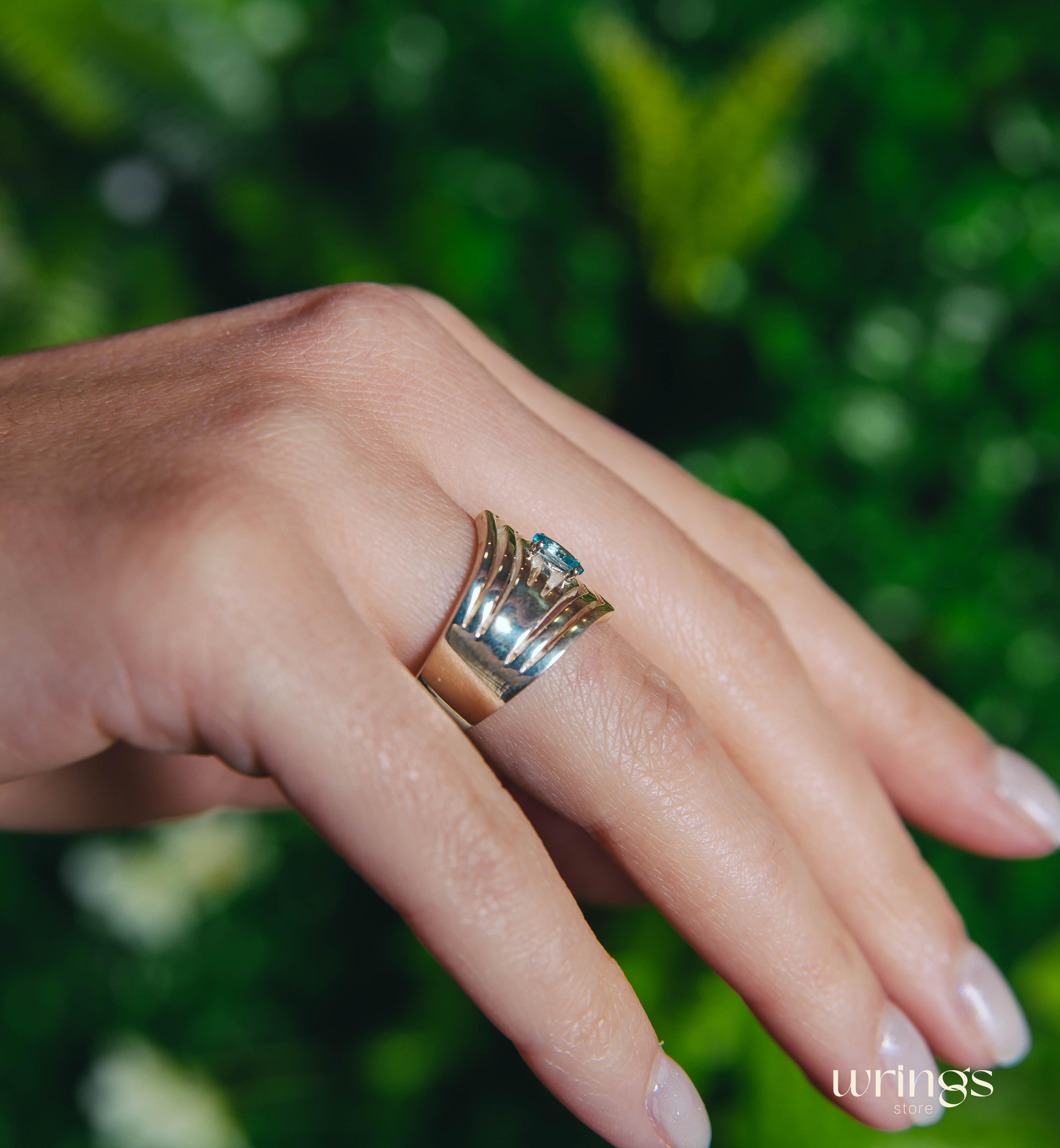 Extra Wide Cocktail Ring Dome Double Chevron with Topaz